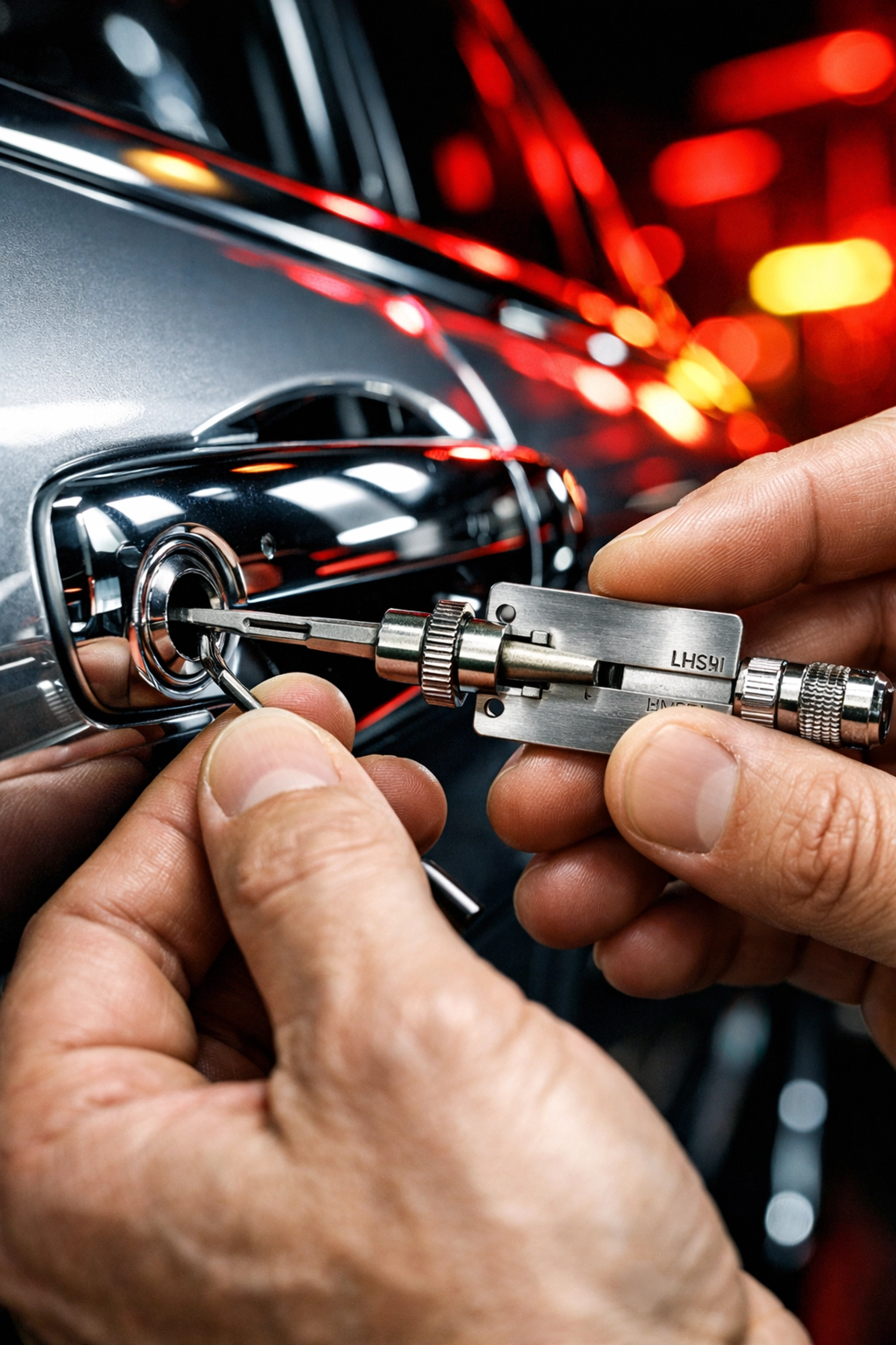 Locksmith using specialized non-destructive tools to unlock a car door handle without any drilling.