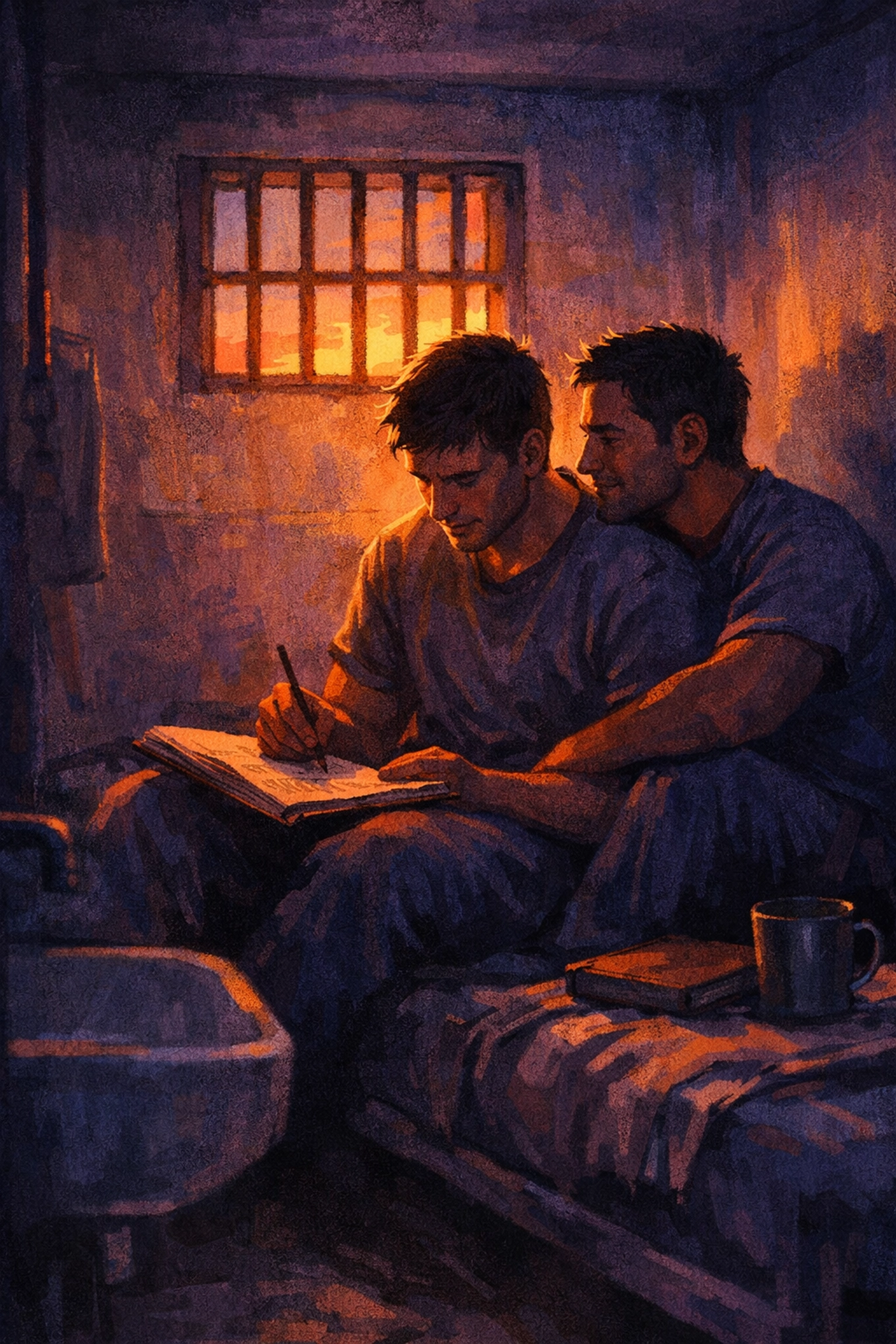 Gay couple sharing intimate moment on prison bunk creating their own love story
