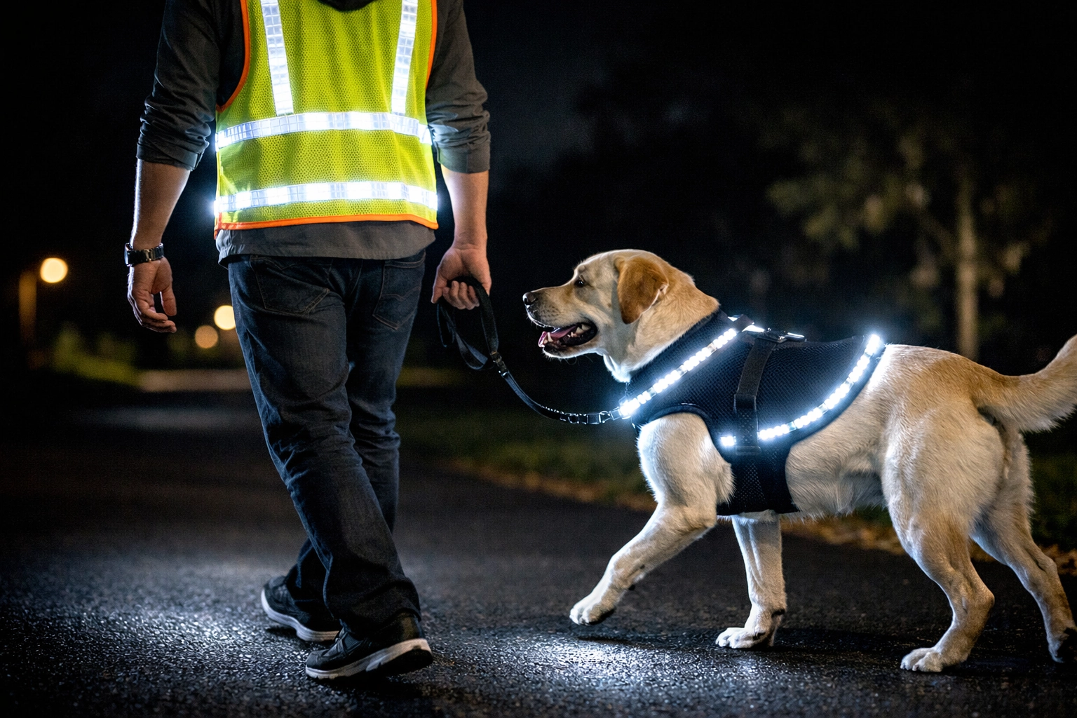 Person and dog wearing LED safety gear Michigan for high-visibility while walking at night.