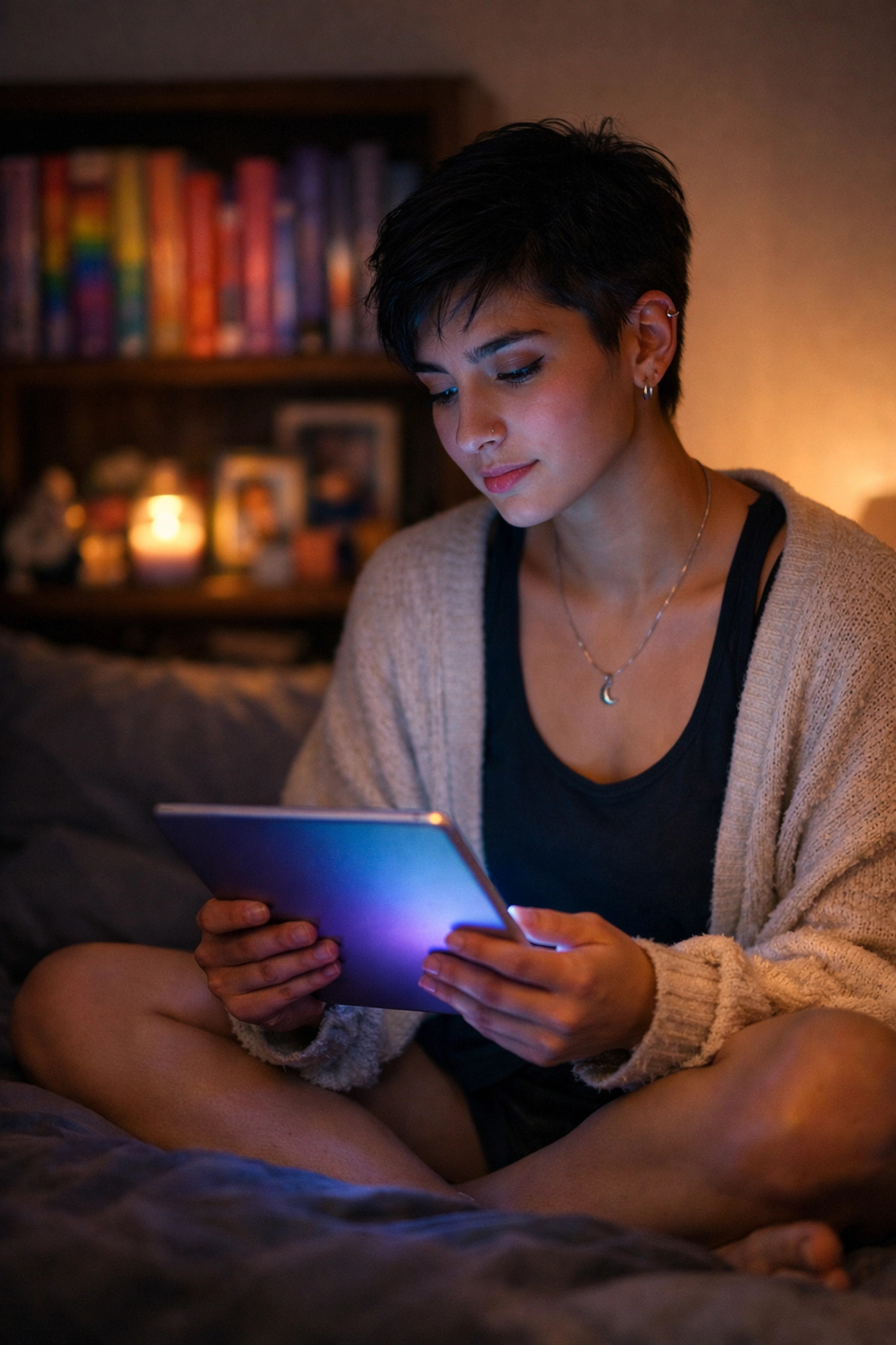A queer person reflecting on a tablet to create a digital memory altar for LGBTQ+ healing and resilience.