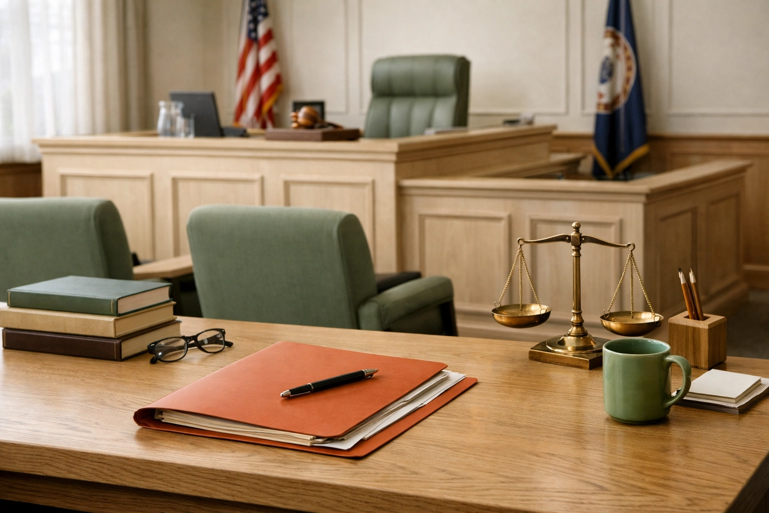 Courtroom interior and legal materials related to child support modification in Fredericksburg, VA
