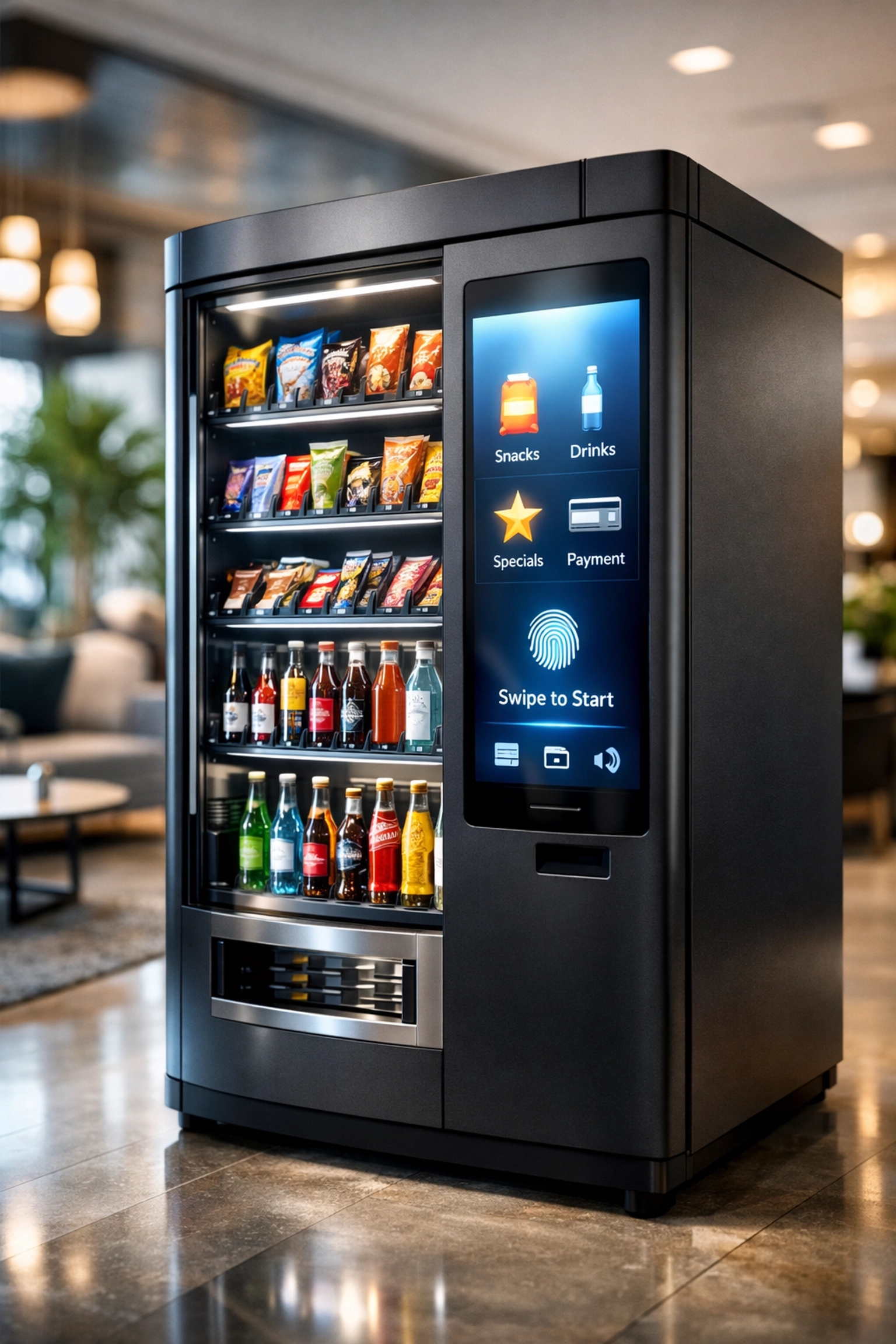 A sleek modern vending machine in an office space generating passive income through automated sales.