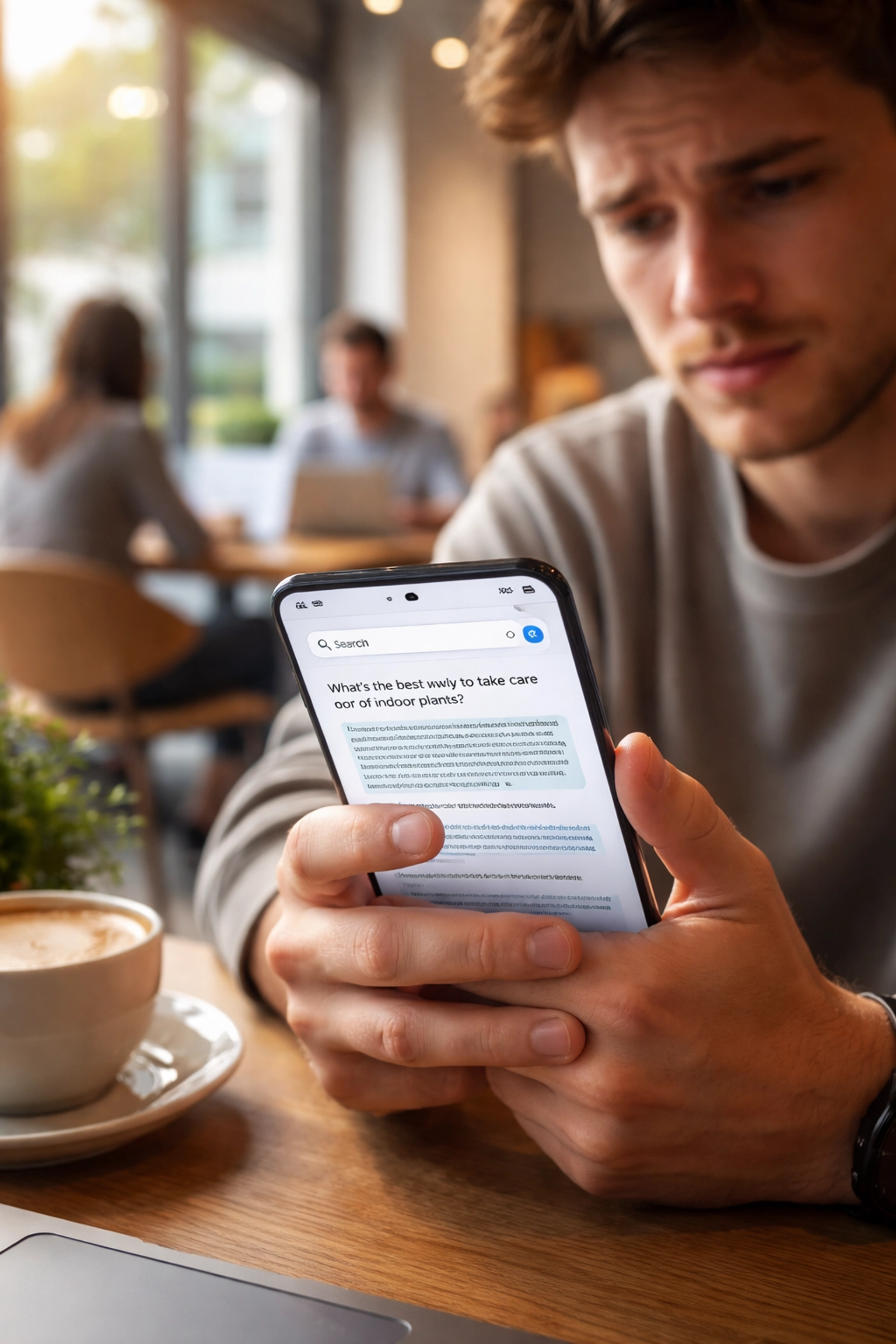 Person in a coffee shop viewing AI-powered search results on smartphone, highlighting zero-click Google trends.