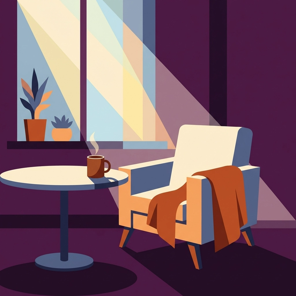 Cozy corner with coffee mug and sunlight, representing minor routine changes for personal resets.