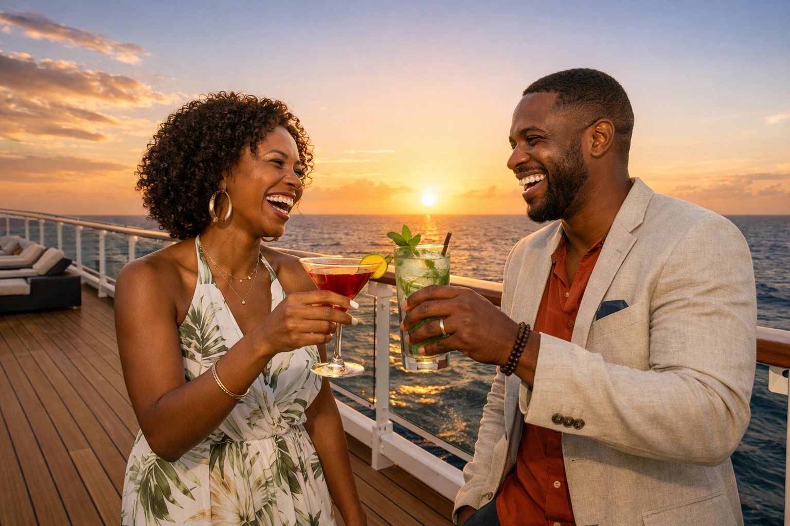 Couple enjoying a sunset on a luxury cruise ship, reclaiming their time with a travel planning service.