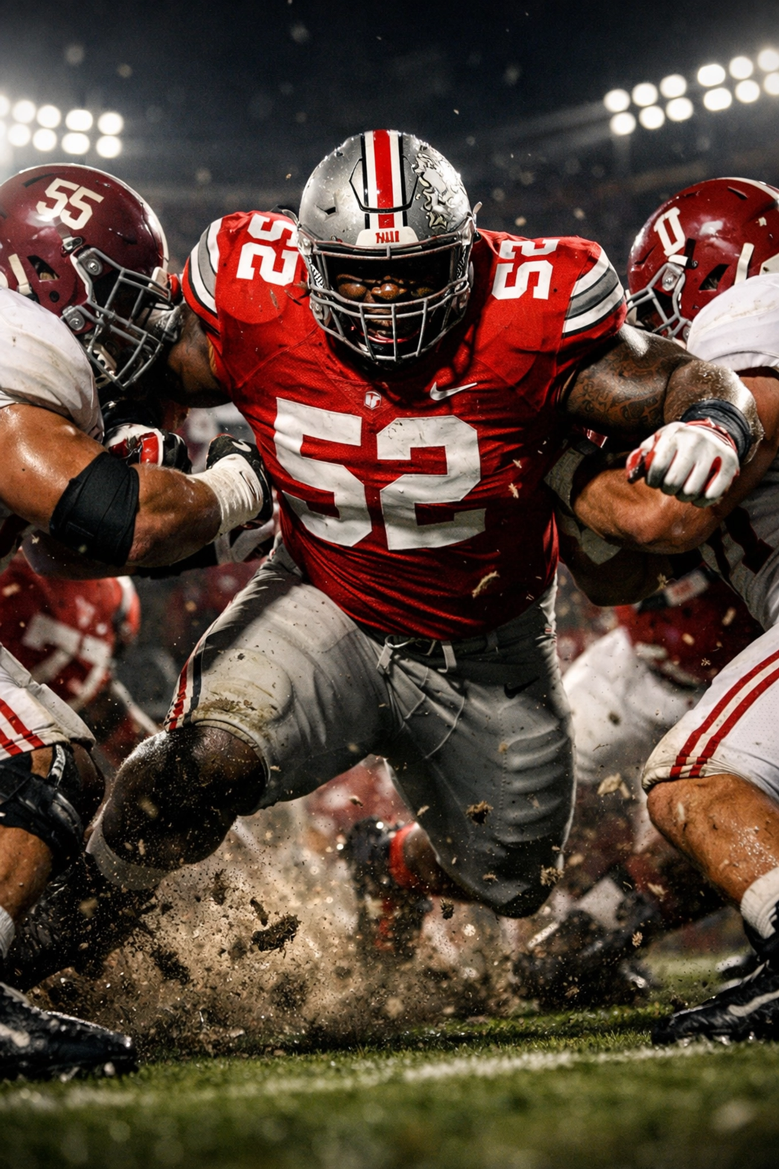 Ohio State defensive tackle breaking through Alabama offensive line in scarlet and grey uniform