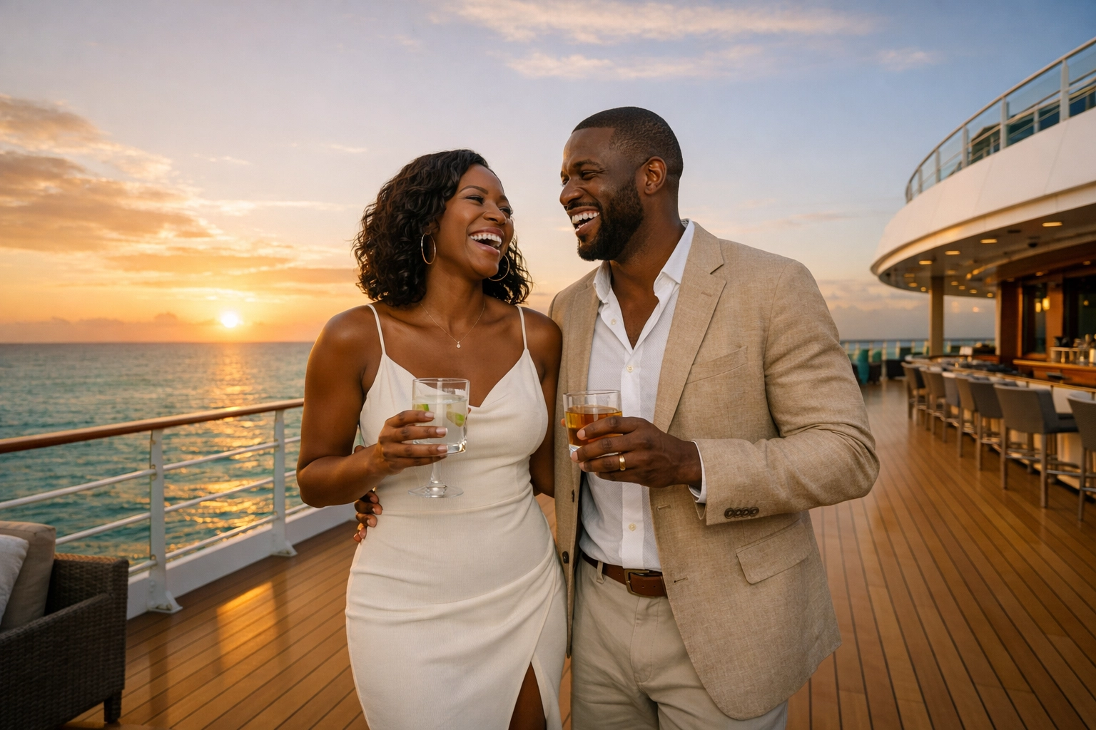 Couple enjoying sunset drinks on a ship deck booked by a Lifestyle Cruises travel agent.