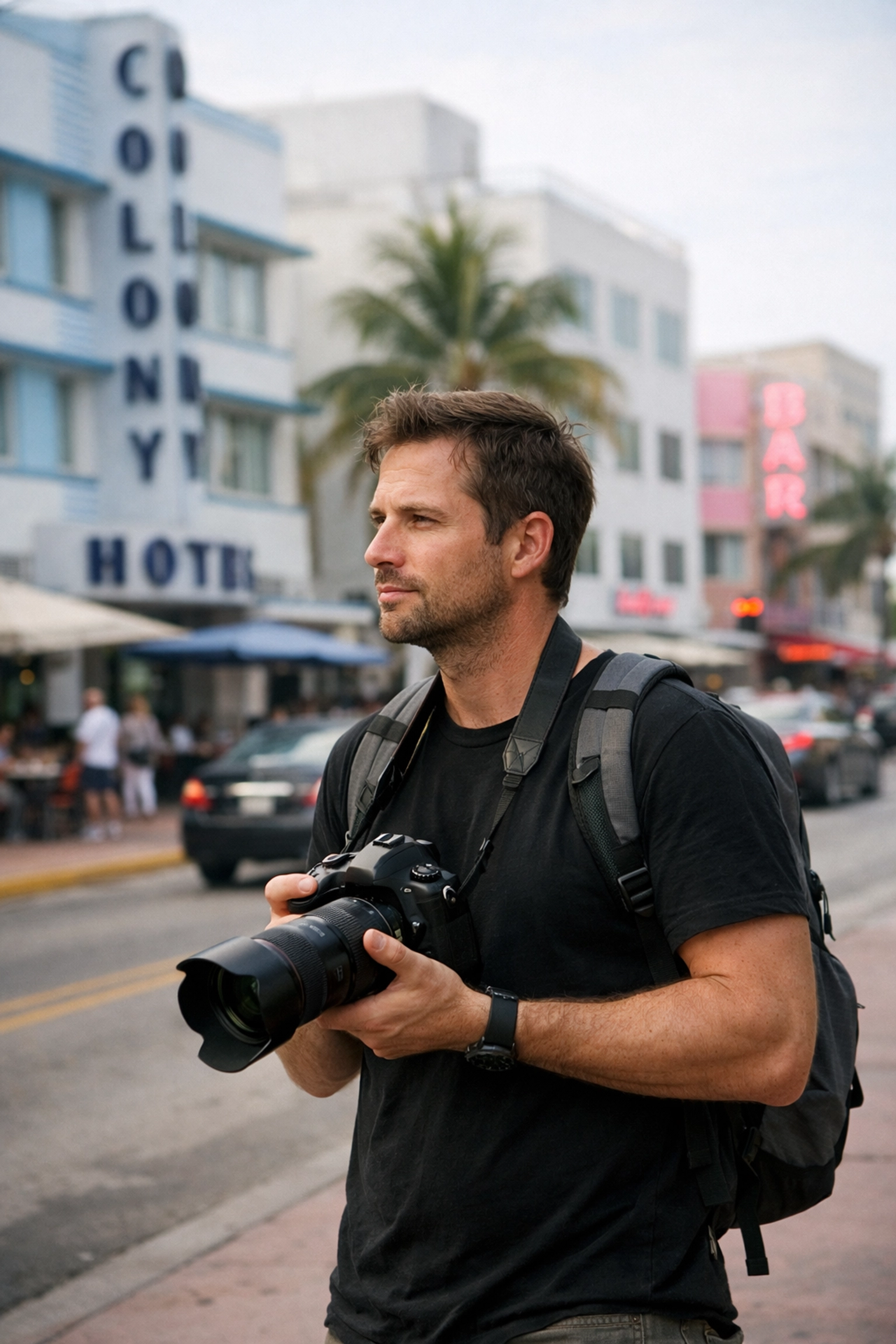 Photographer capturing the Art Deco District on Ocean Drive, one of the best Miami photography locations.