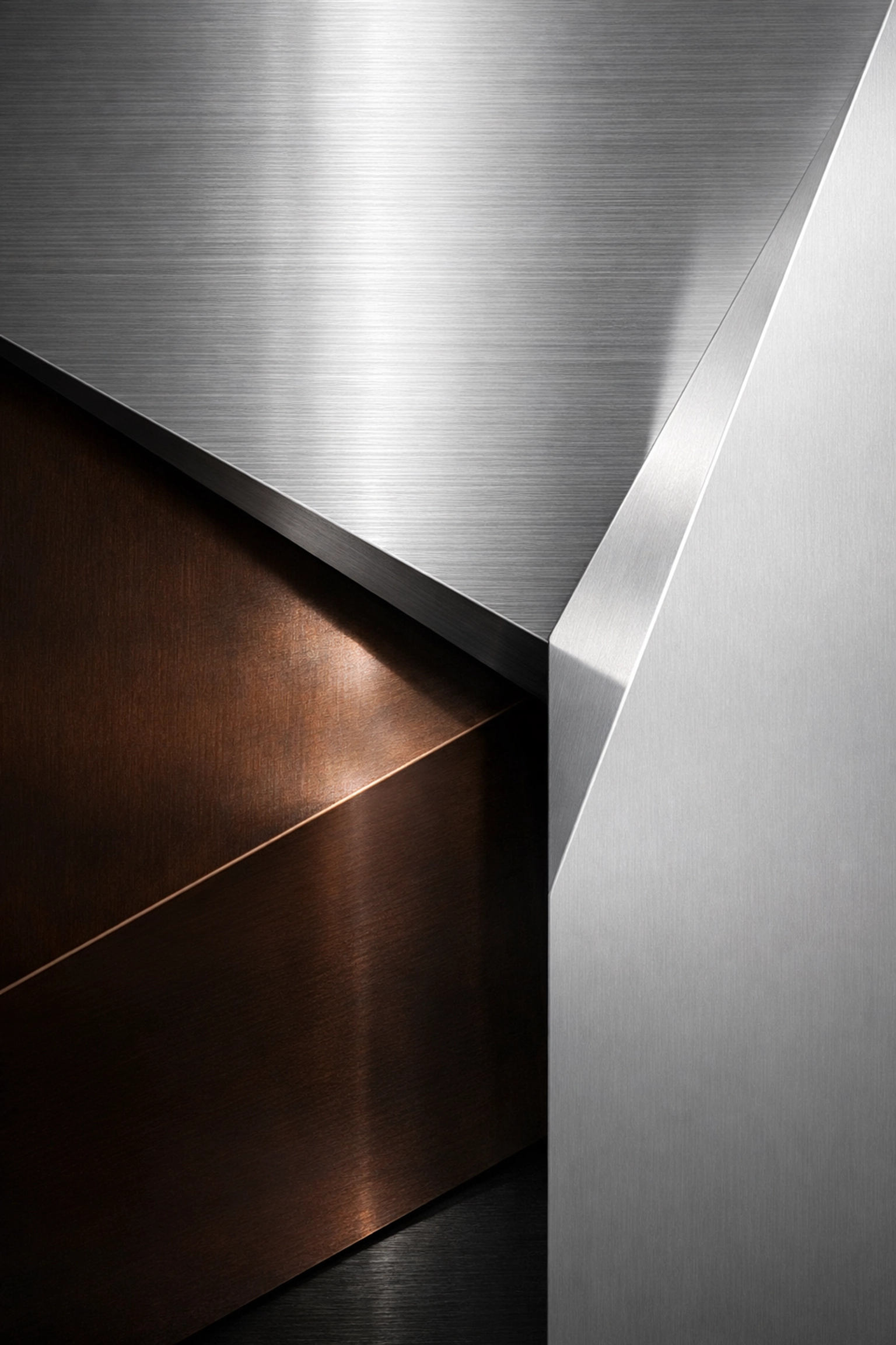 Detail of metal restoration finishes including stainless steel, bronze, and anodized aluminum.