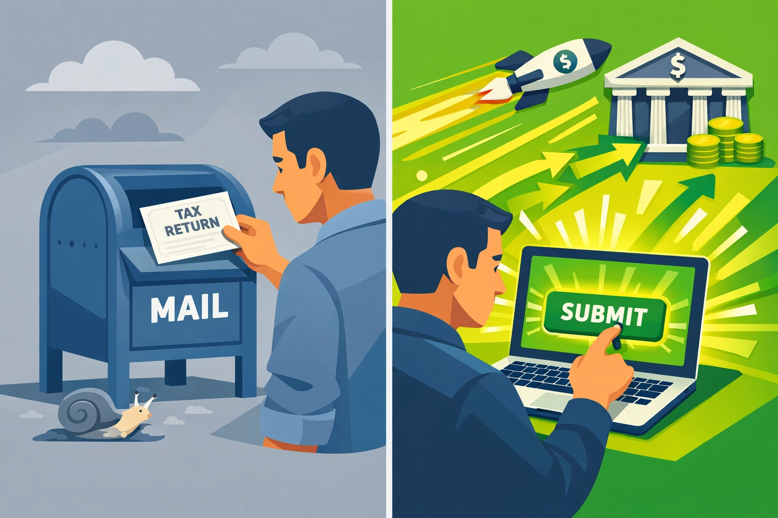 Paper filing vs electronic filing comparison showing faster tax refund with e-file and direct deposit
