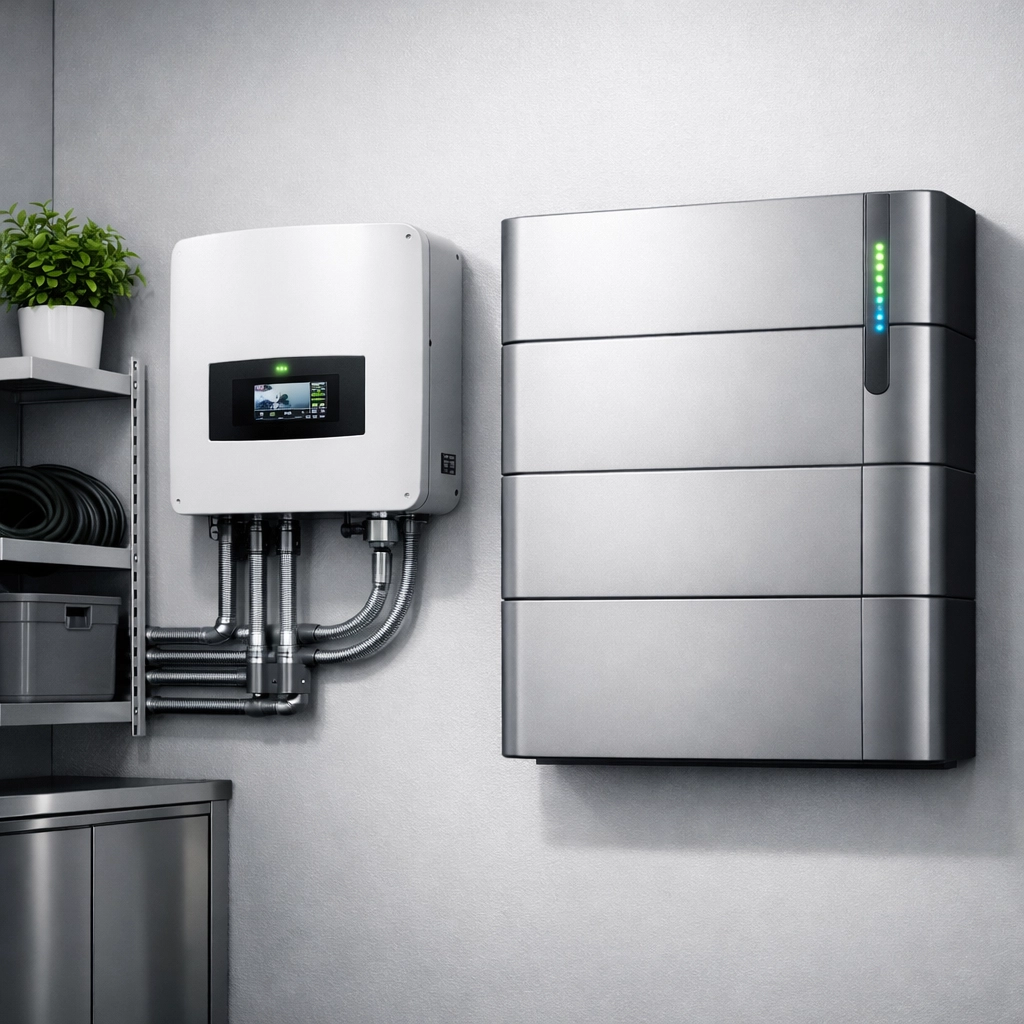 Modern wall-mounted solar battery and high-quality inverter installed in a clean residential utility room.