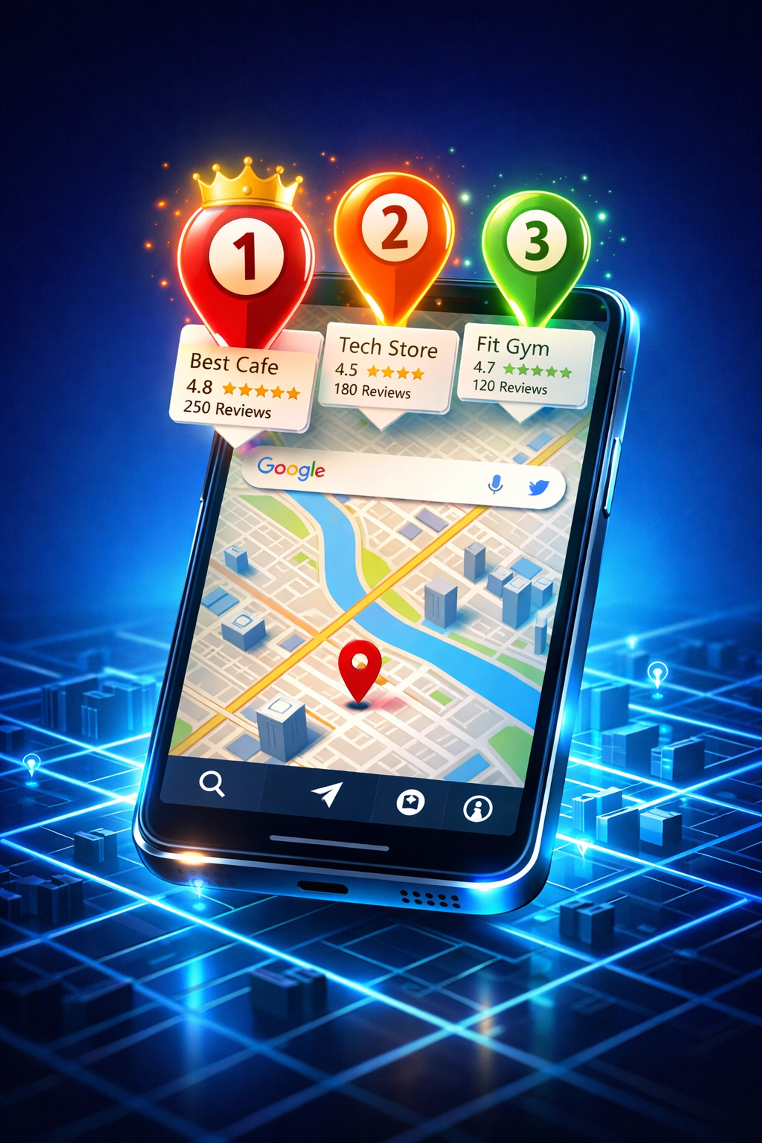 Google Maps showing top 3 local business rankings with location pins on mobile device