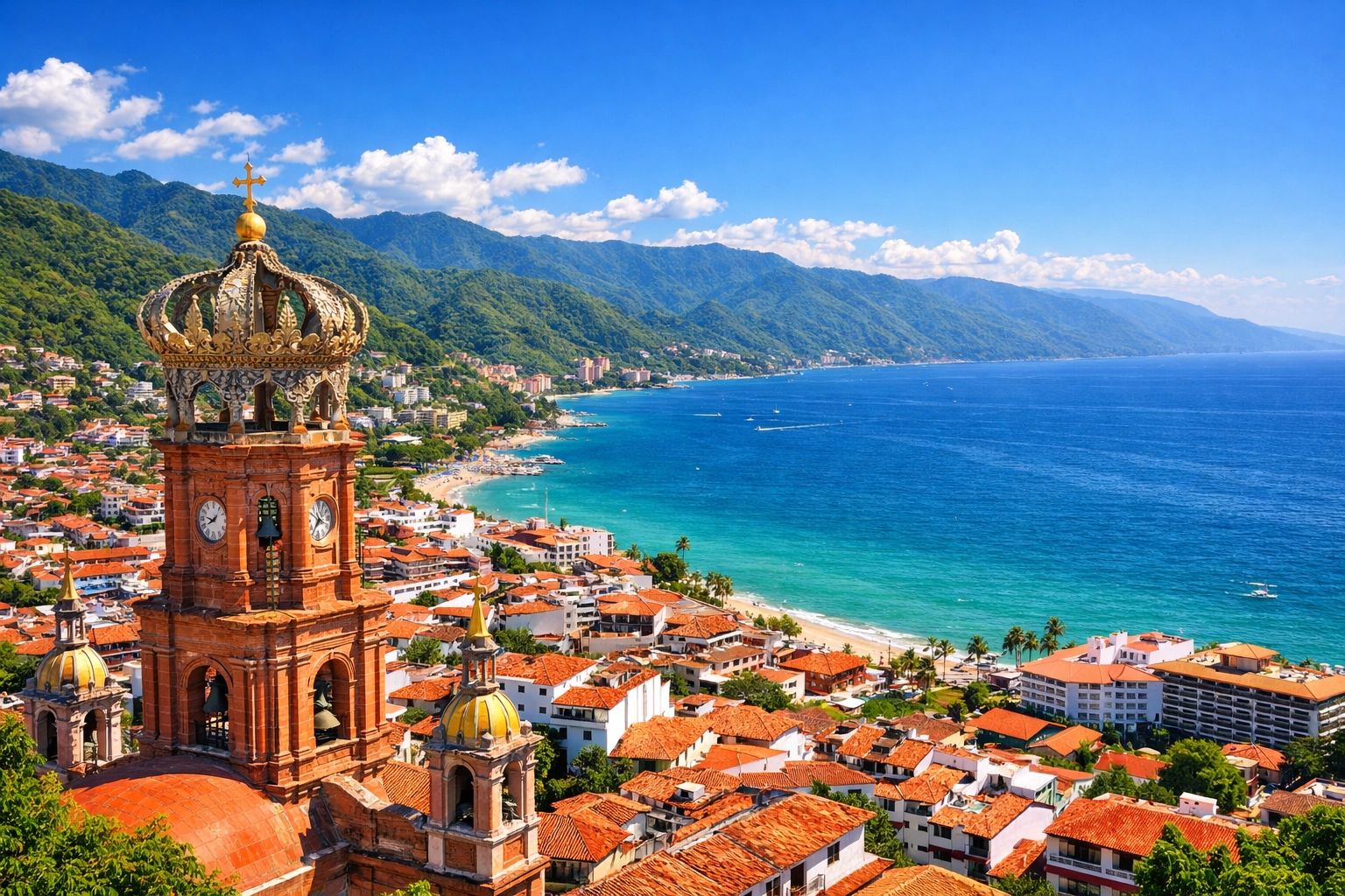 A panoramic view of Puerto Vallarta's Church of Our Lady of Guadalupe and Banderas Bay from a viewpoint.
