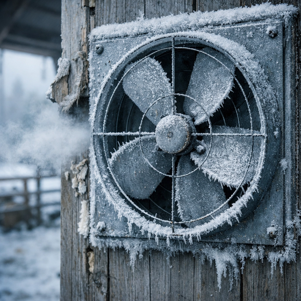 Ventilateur agricole non isolé en hiver avec formation de givre causant des pertes thermiques