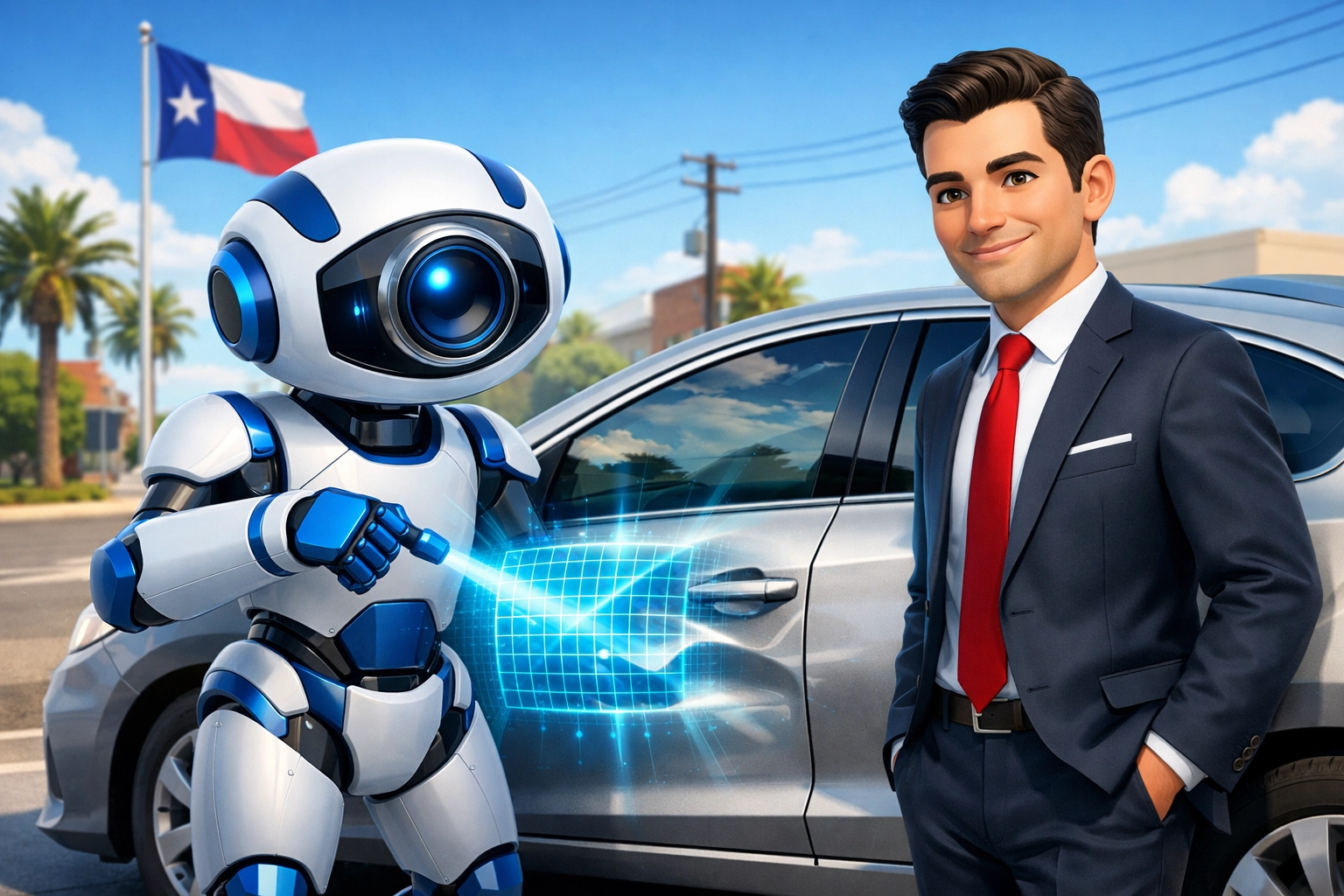 AI claim assistant scanning a car dent for a digital damage assessment with an insurance professional in Texas.