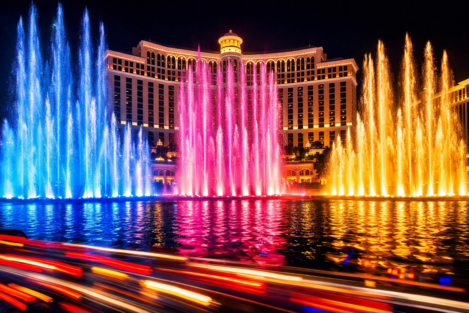Bellagio fountains water show at night with colorful lights on Las Vegas Strip