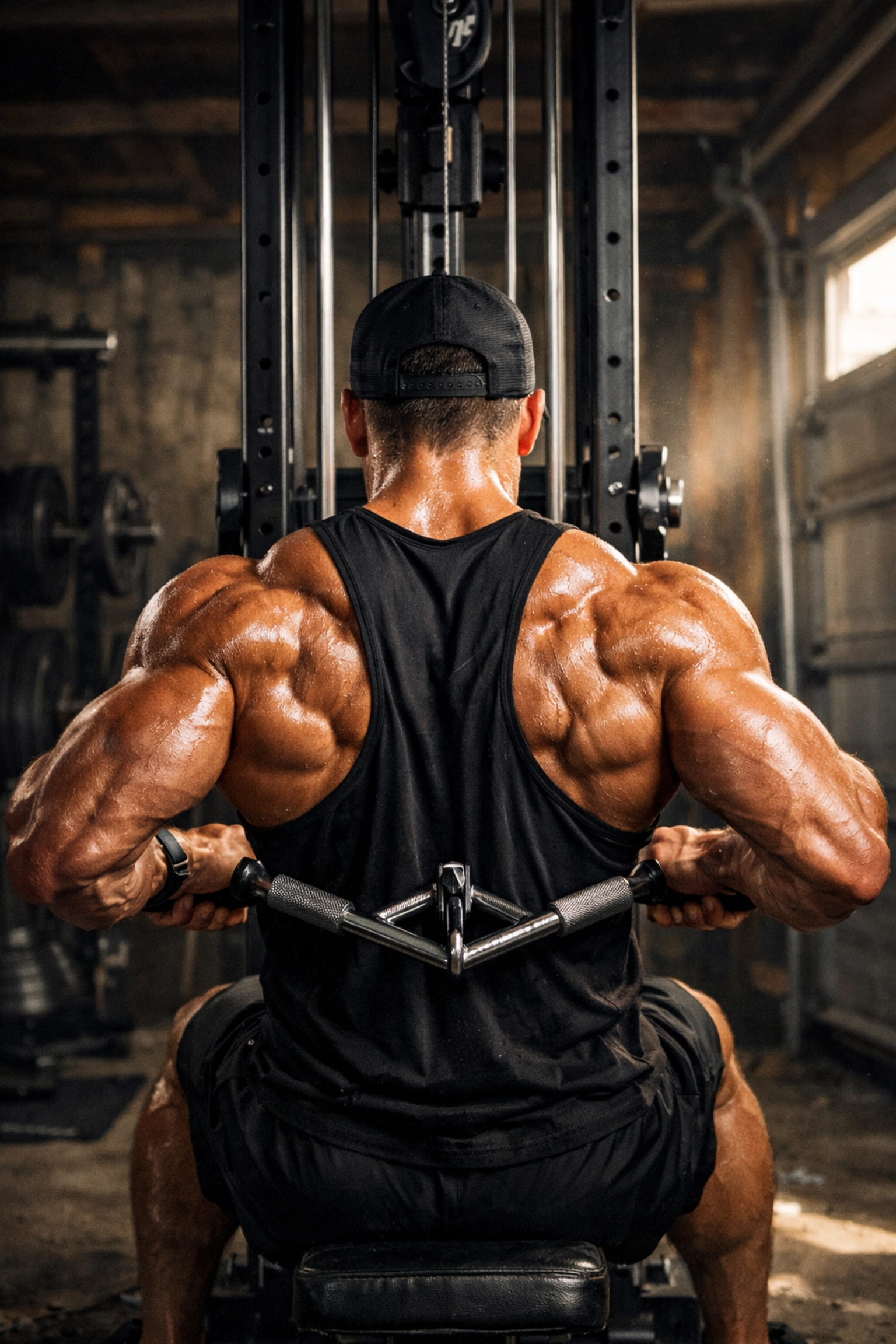 Back muscles engaged during a full body workout at home using a versatile home gym rail.