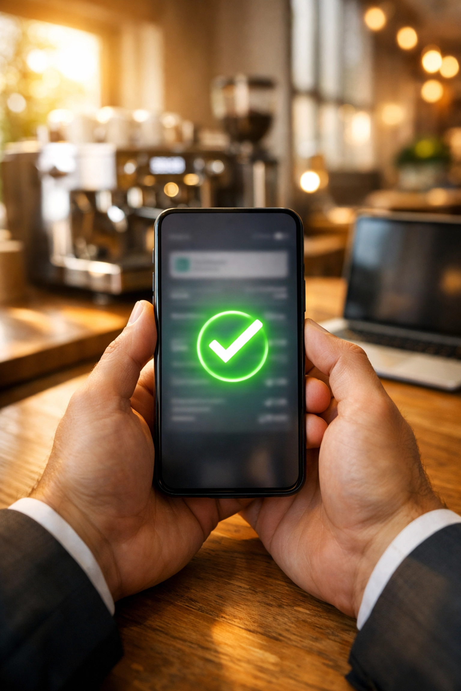 Hands holding a smartphone showing a successful business funding transfer notification in a modern office.