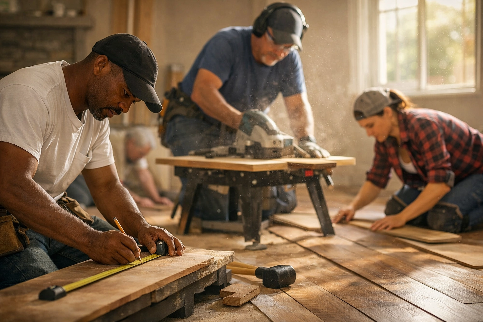 Professional flooring crew collaborating on residential installation project