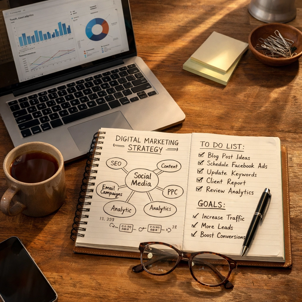 Professional SEO strategy planning workspace with a laptop and handwritten marketing notes.