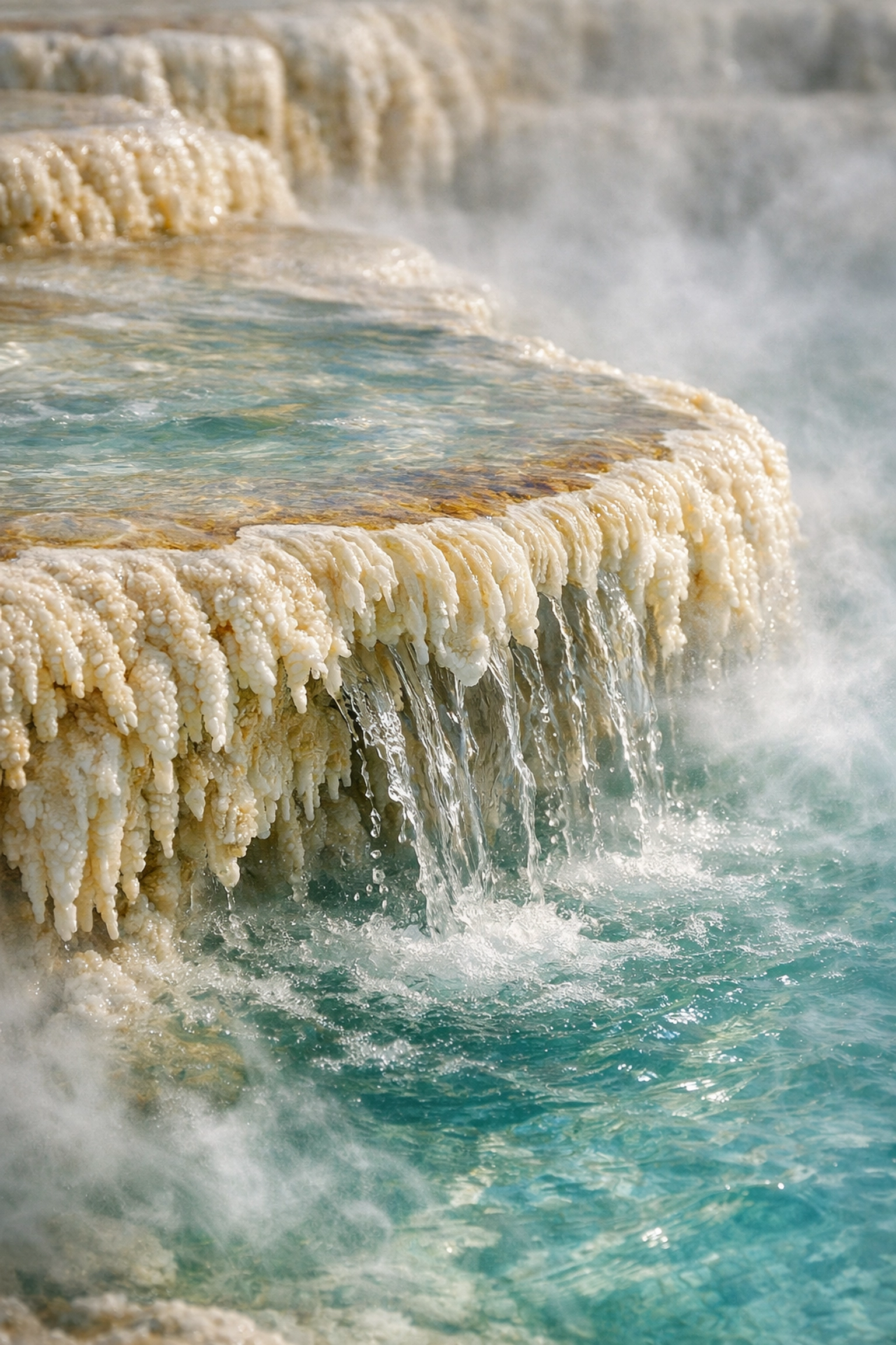 Close-up of steaming water flowing over white travertine terraces at Mammoth Hot Springs.