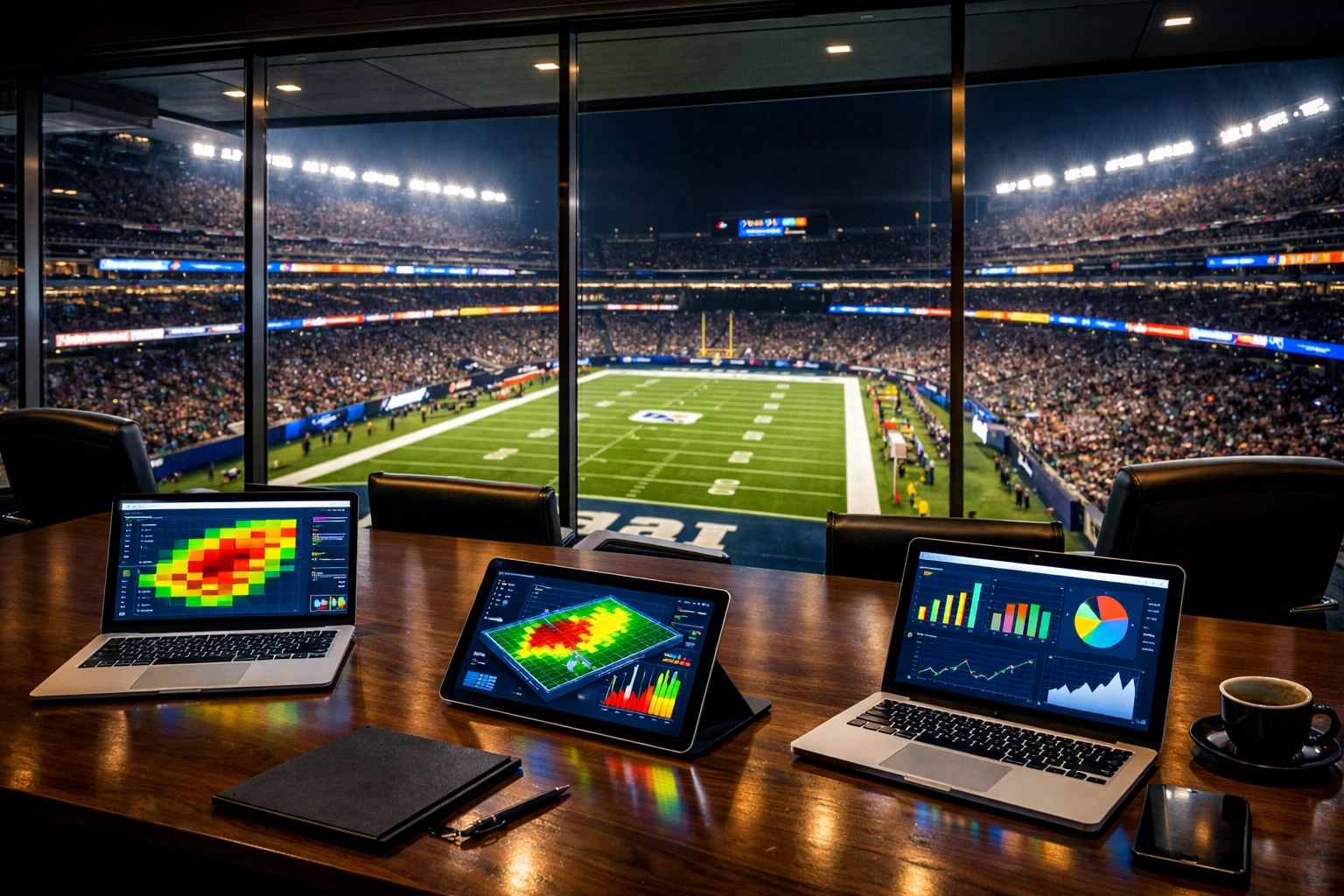 Executive suite overlooking a stadium with data analytics screens illustrating a sports marketing strategy.