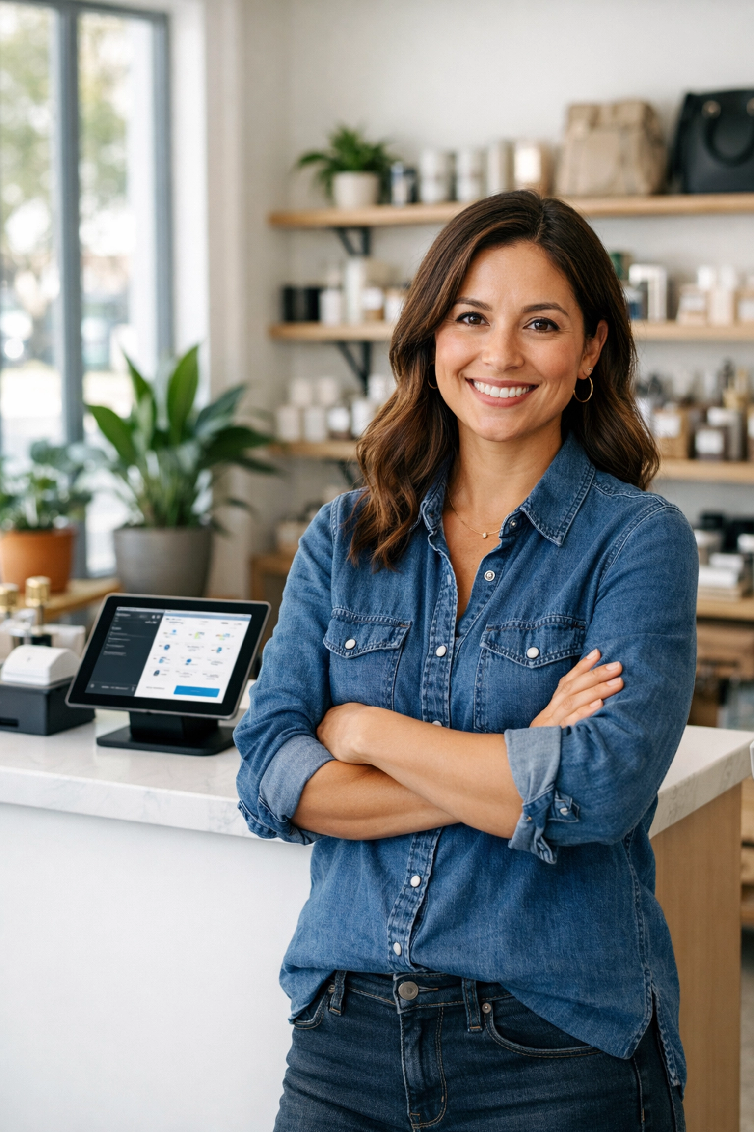 UK small business owner in retail shop with tablet POS system ready to serve customers