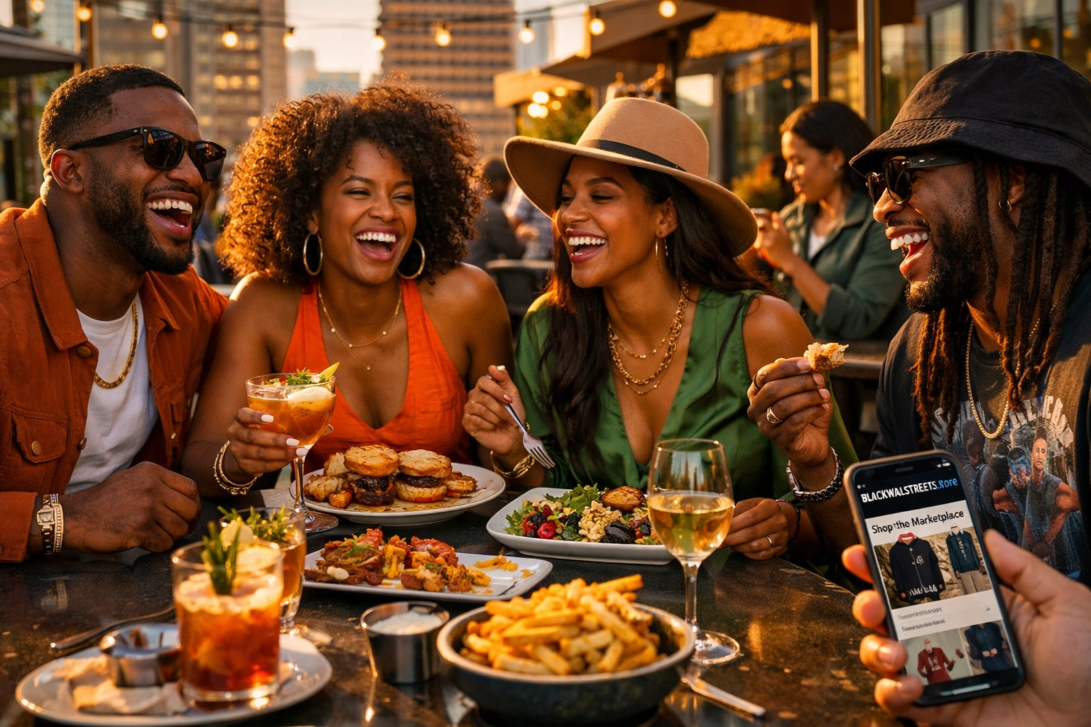7 Black People of Interest to Inspire Your Next #Buyblack Purchase Group of stylish friends at an urban terrace using a smartphone to #Buyblack online.