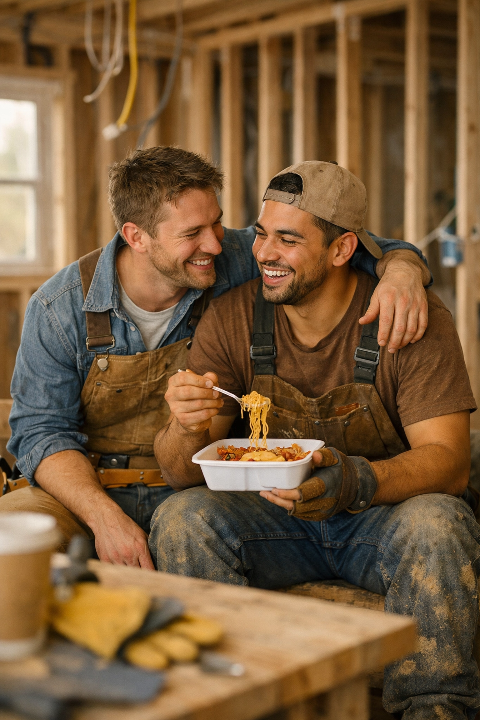 A gay couple in work clothes sharing a meal and laughing while renovating a house together.