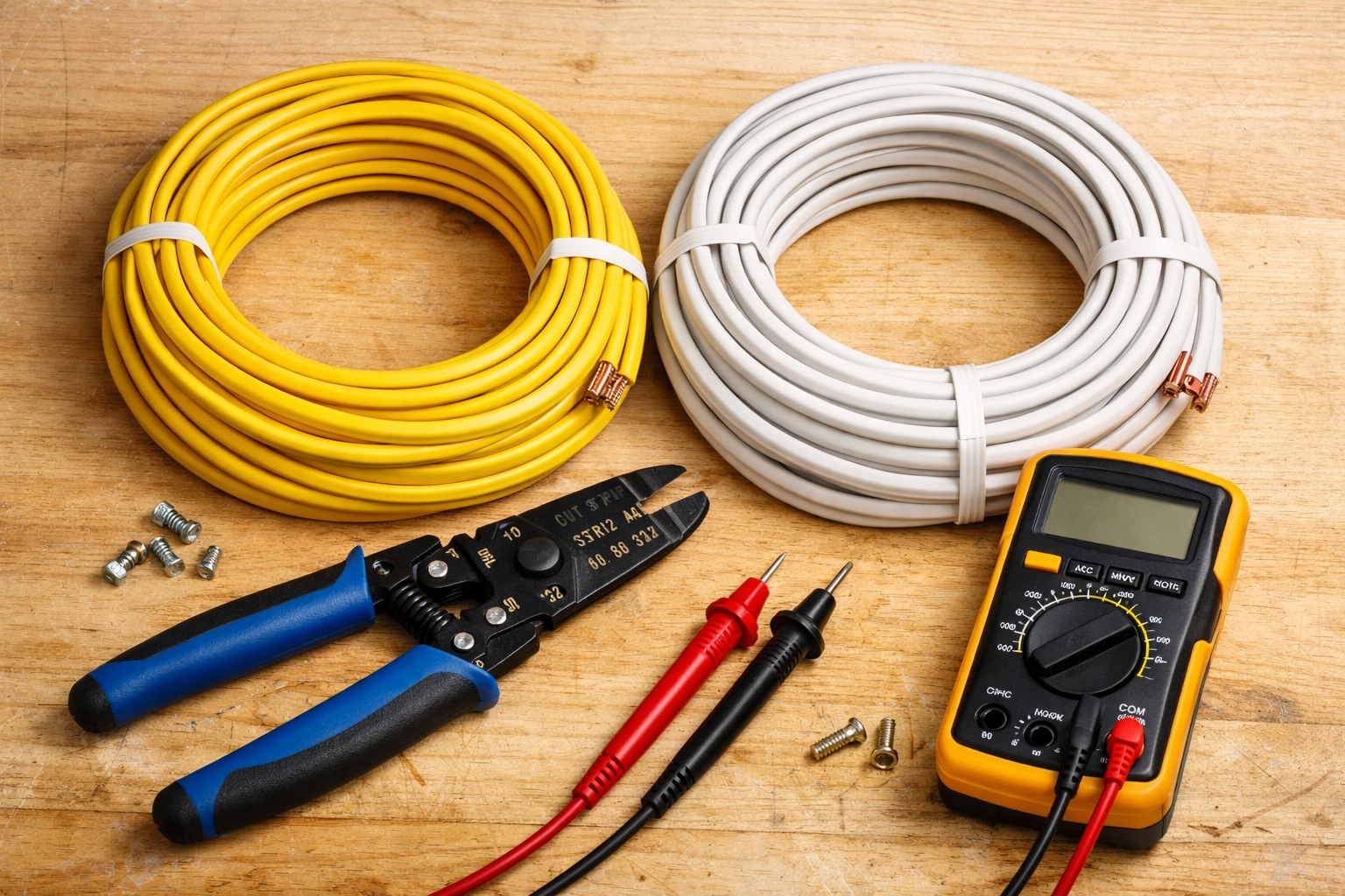Comparison of 12-gauge and 14-gauge electrical wires with professional tools for home electrical repair.