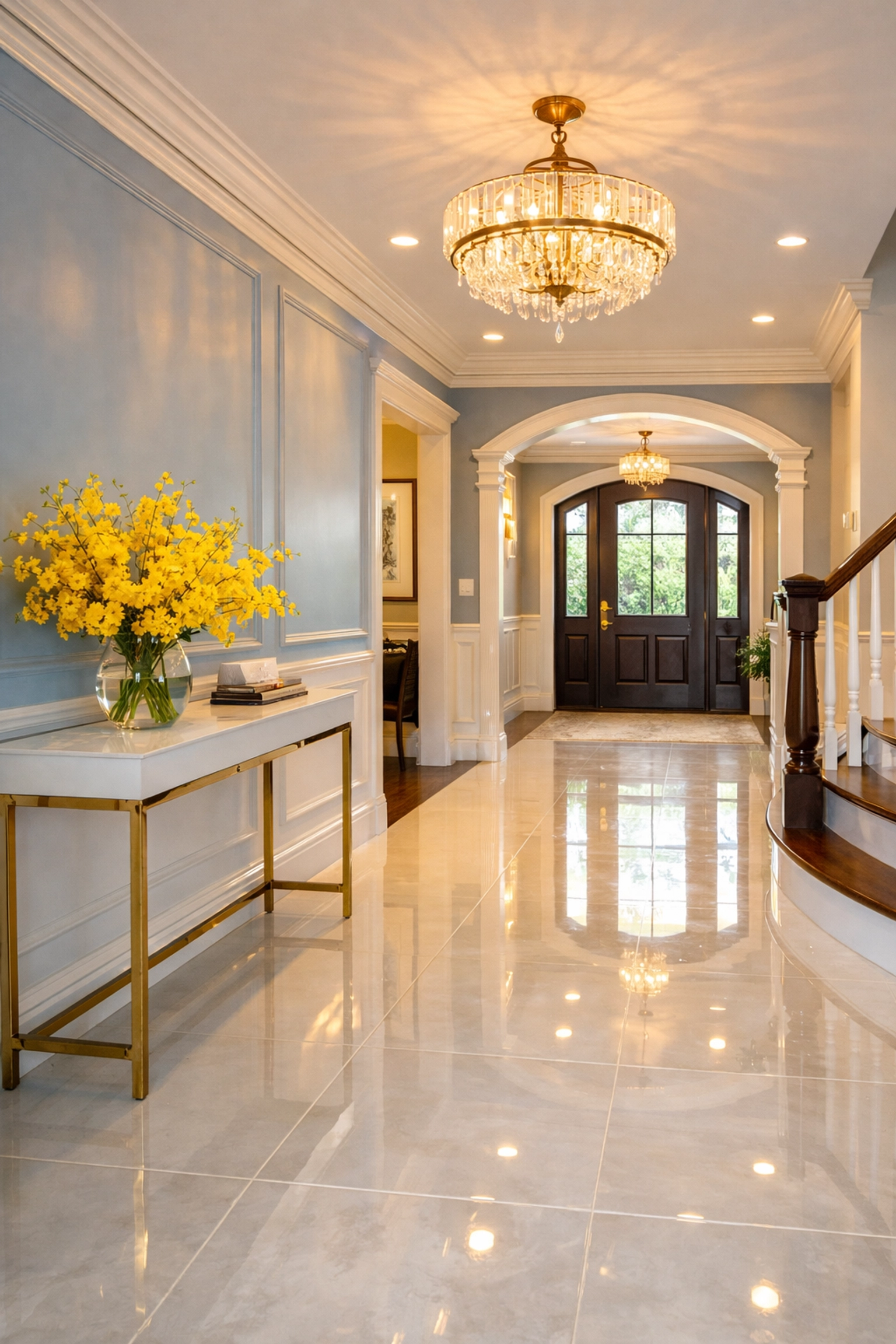 Bright luxury entryway with polished tile floors using expert house cleaning services Worcester MA.