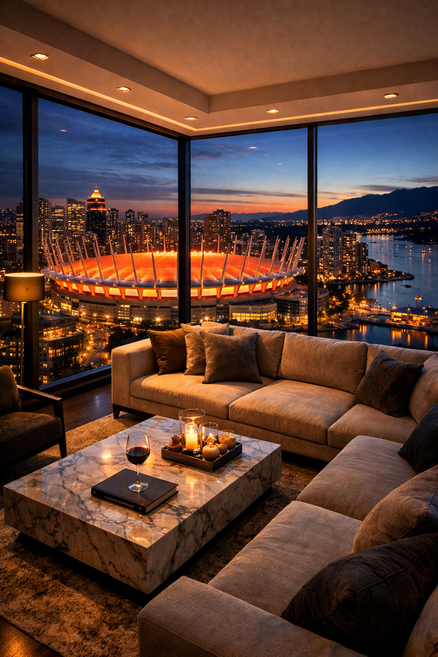 Luxury Vancouver short-term rental penthouse with views of BC Place Stadium and the city skyline.