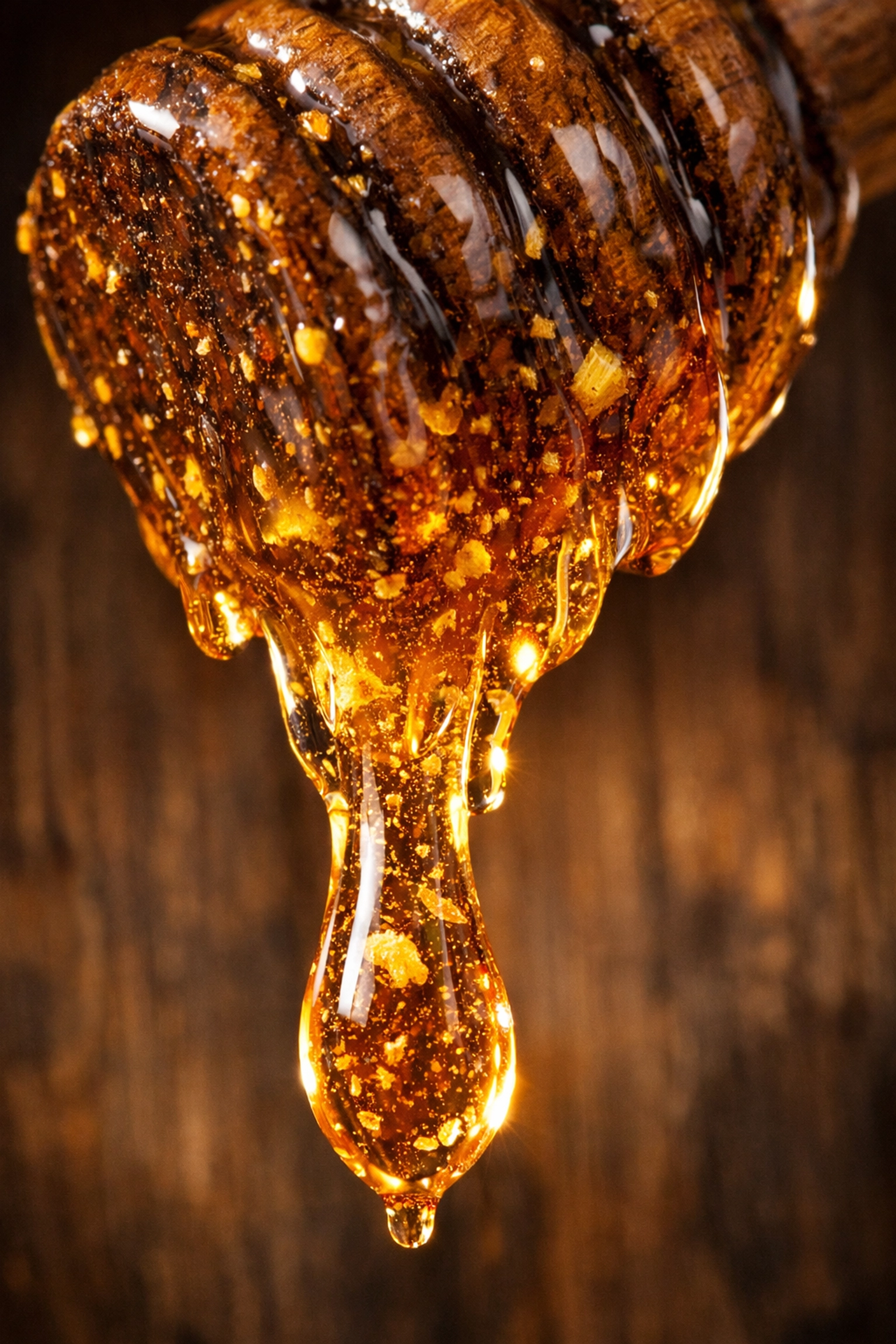 Raw unfiltered amber honey dripping from a wooden dipper, highlighting its natural humectant properties.