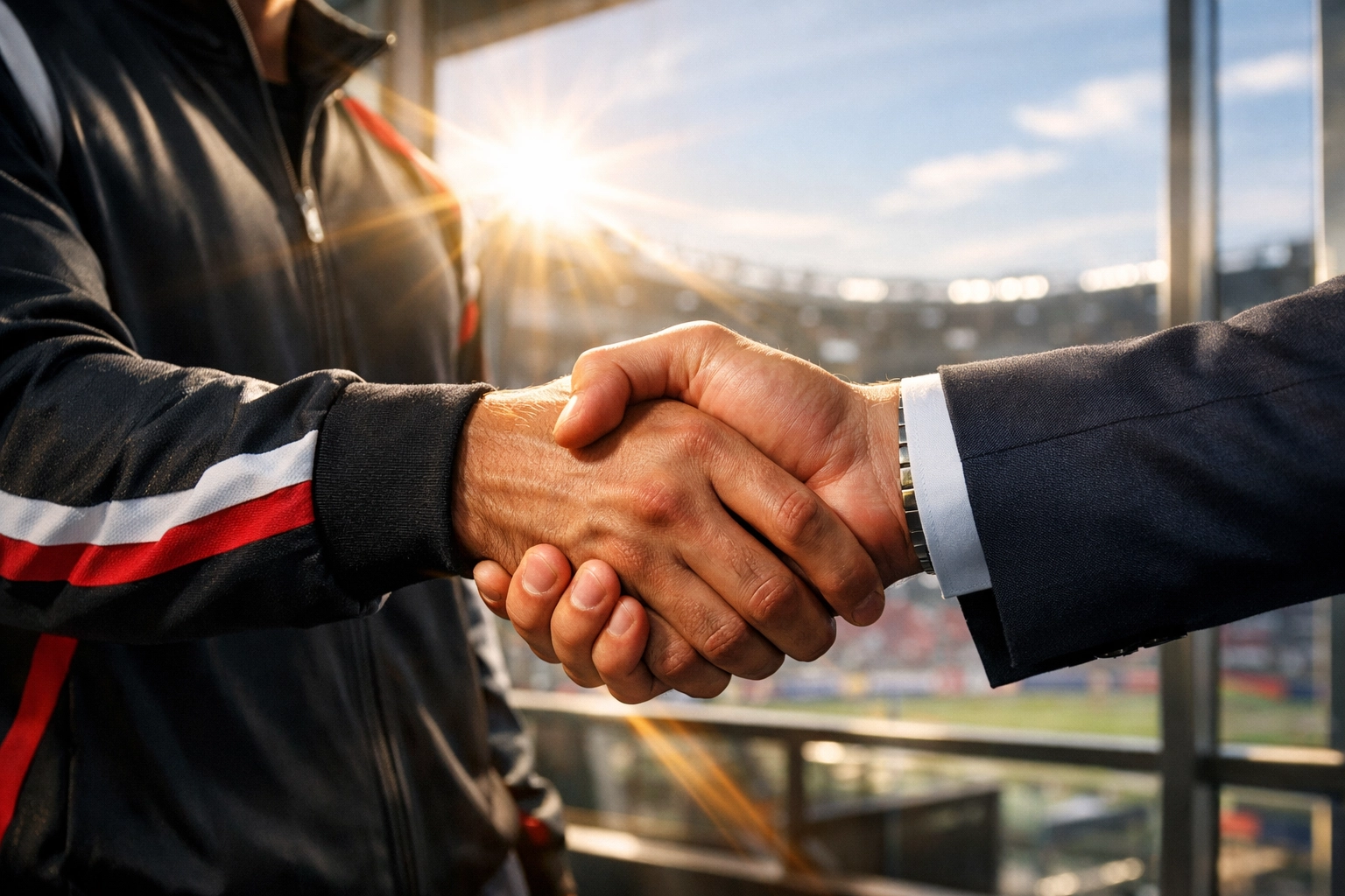 A brand manager and athlete handshake signifying a successful NIL marketing partnership for high-performance branding.