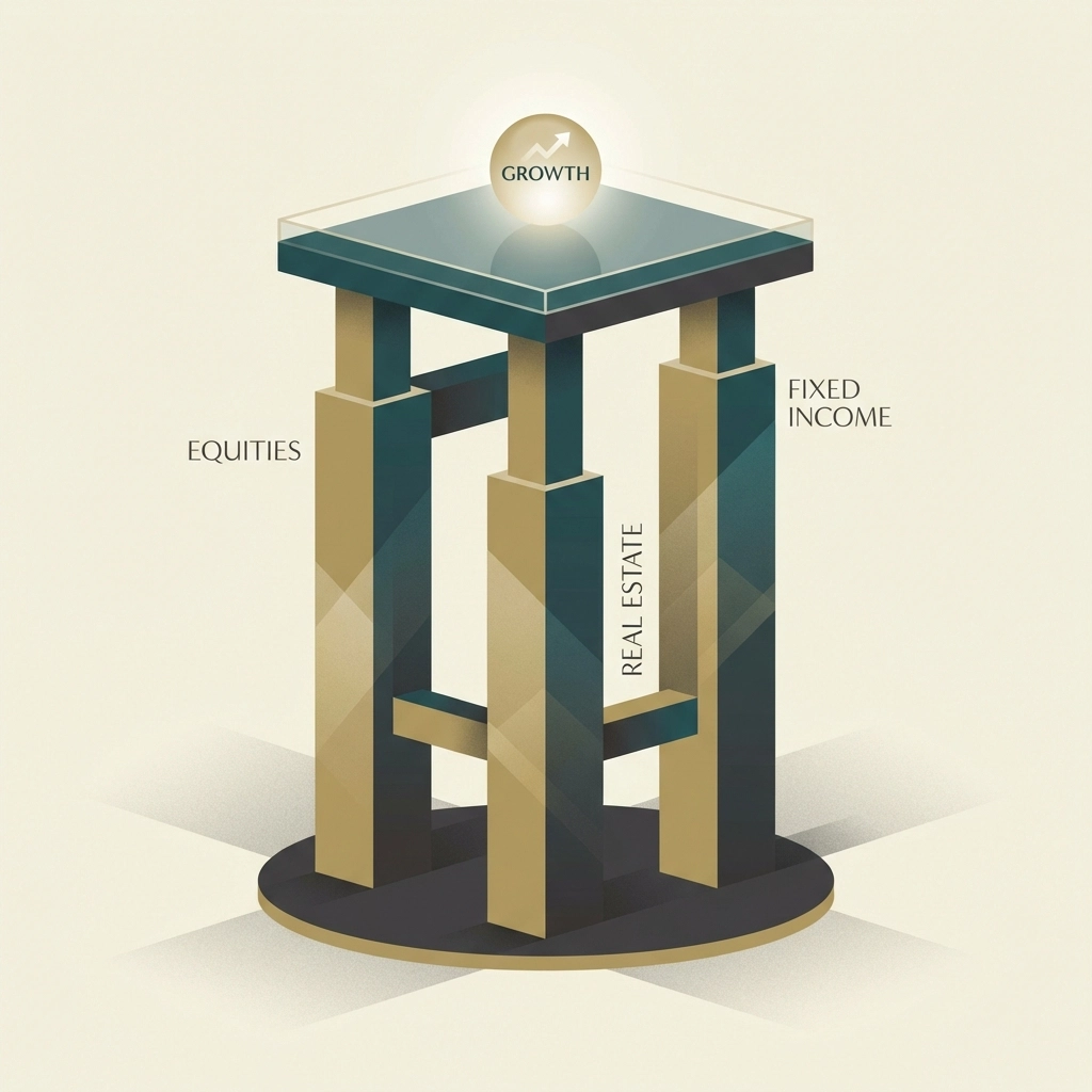 Balanced investment portfolio symbolized by architectural pillars representing asset class diversification