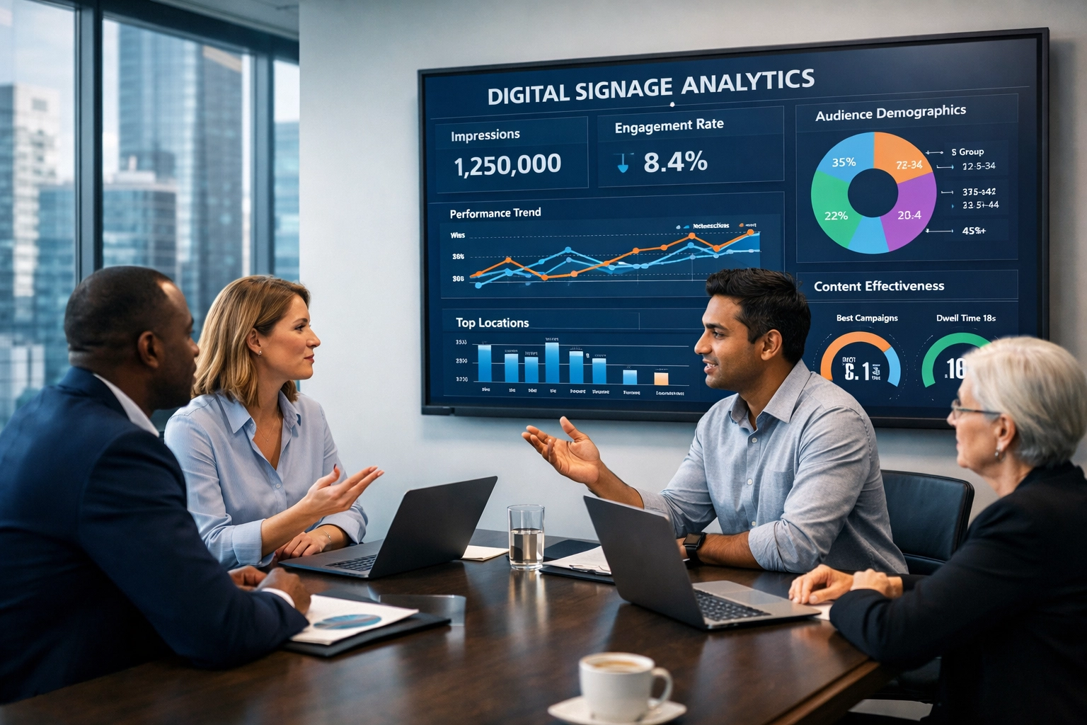 Business team analyzing digital signage performance metrics and analytics on conference room screen