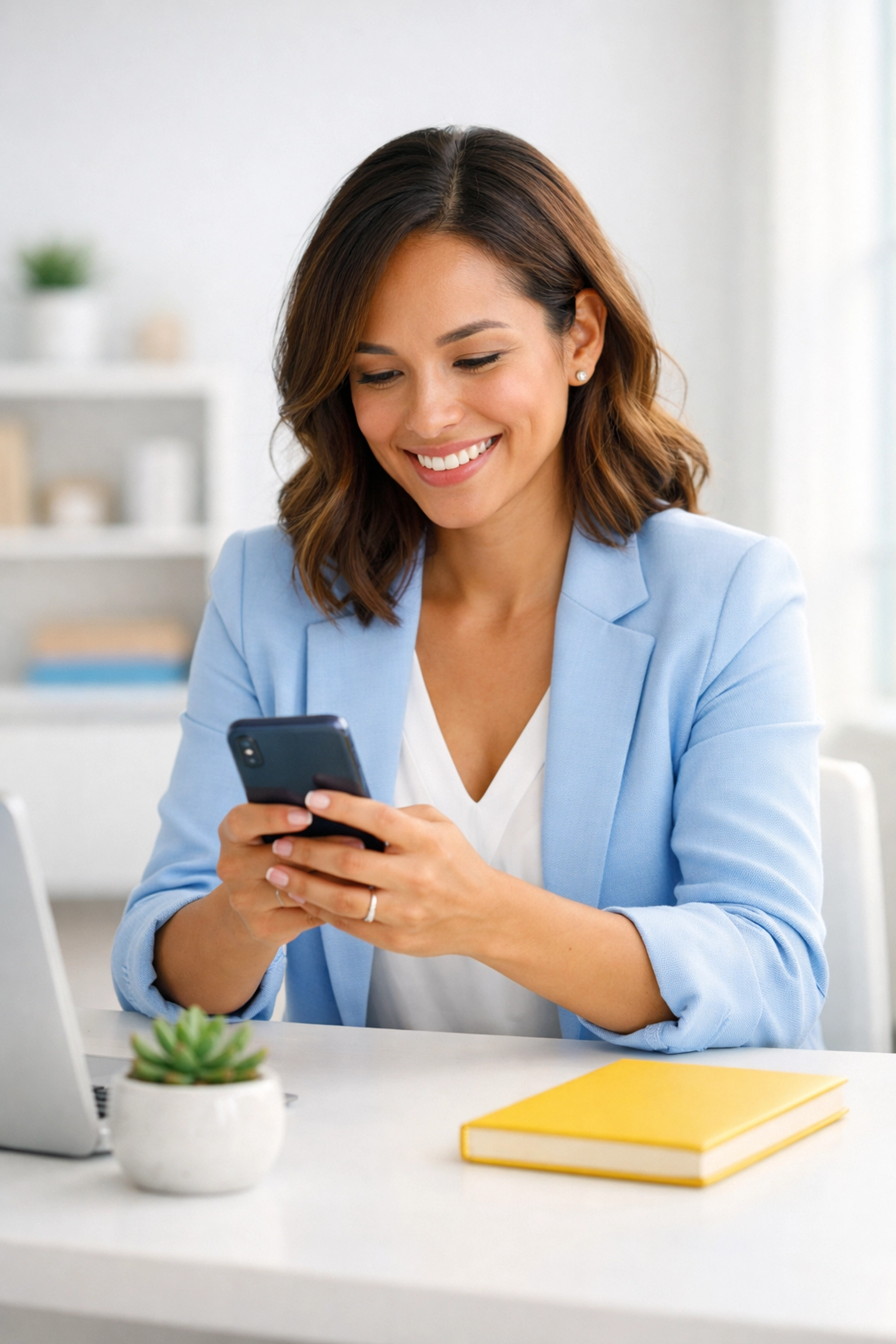 A professional woman smiling at her smartphone, illustrating high engagement with nonprofit text messaging.