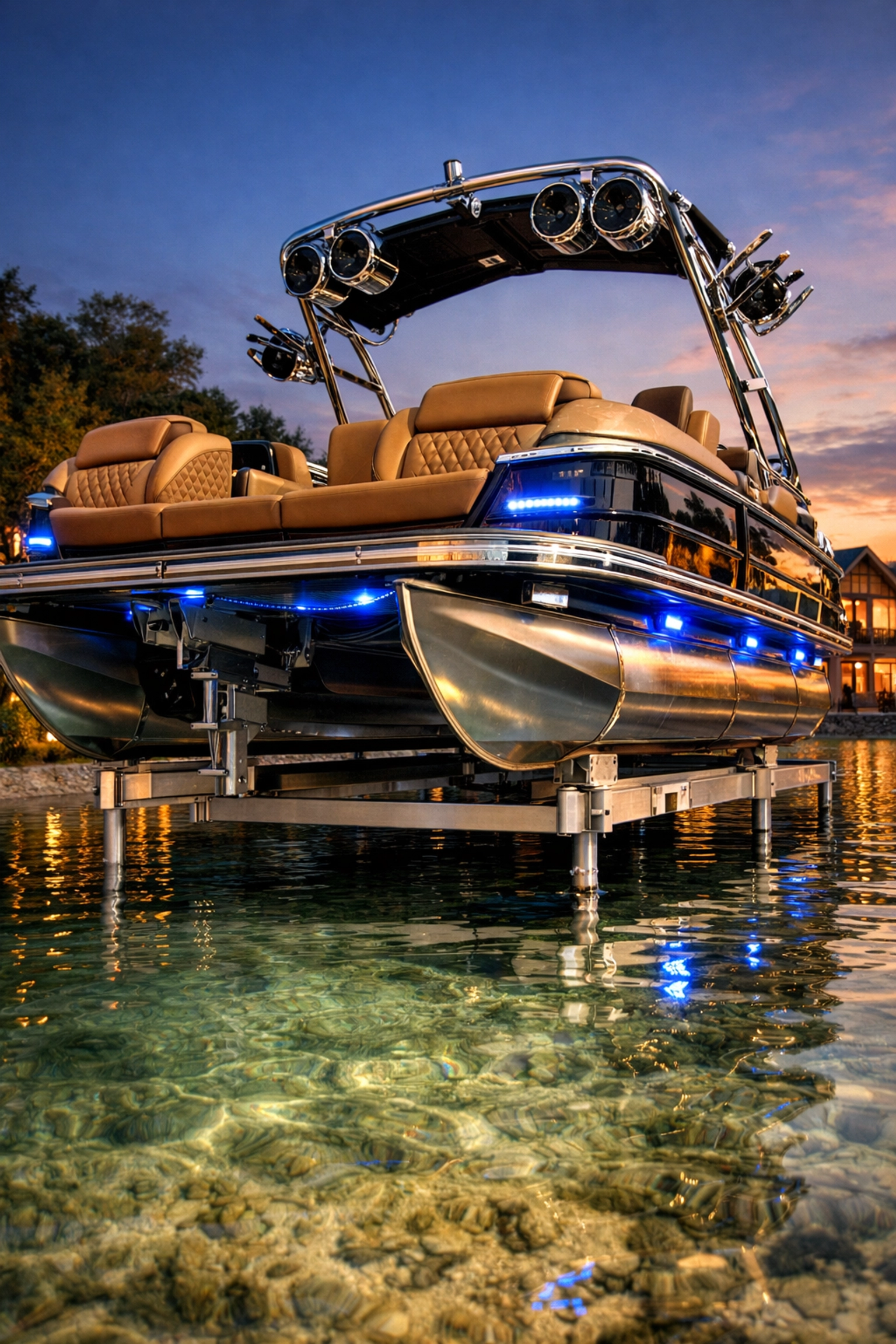 A modern Tritoon boat with high-end accessories docked on a hydraulic boat lift at dusk.