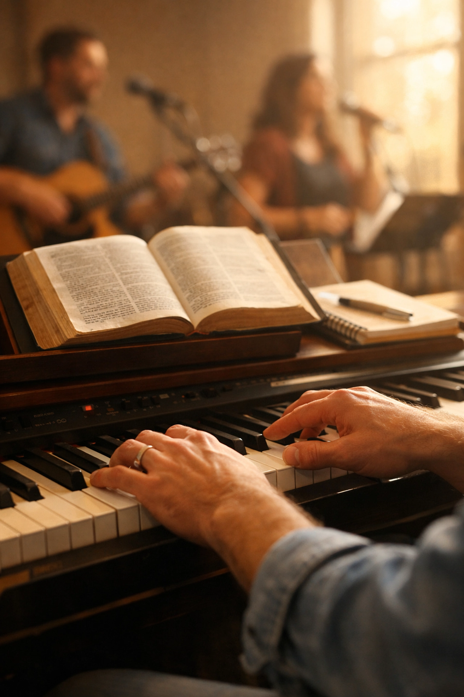 Worship leader using talents and resources at piano with Bible for ministry preparation