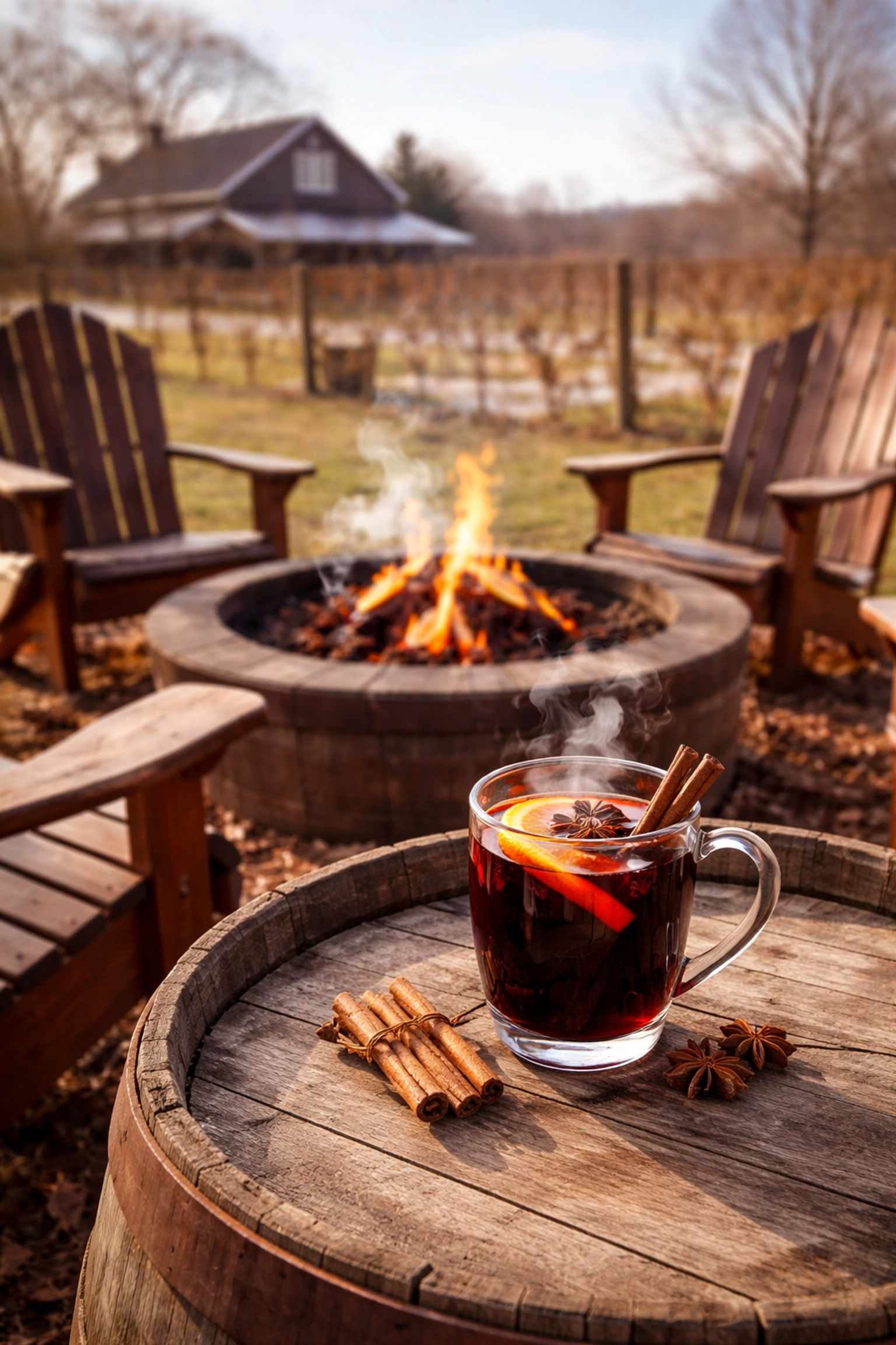 Winter firepit scene at Terhune Orchards winery in Princeton NJ featuring mulled wine and vineyard views