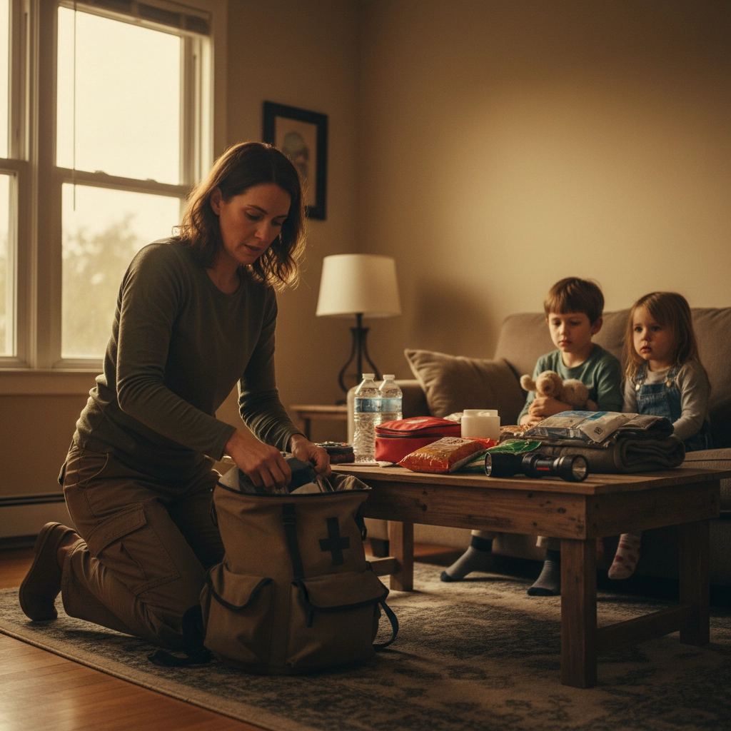 A picture of a woman in her living room getting a go bag together while her two young children watch form the couch.. The Climate Crisis: Why Single Mothers Are More Vulnerable