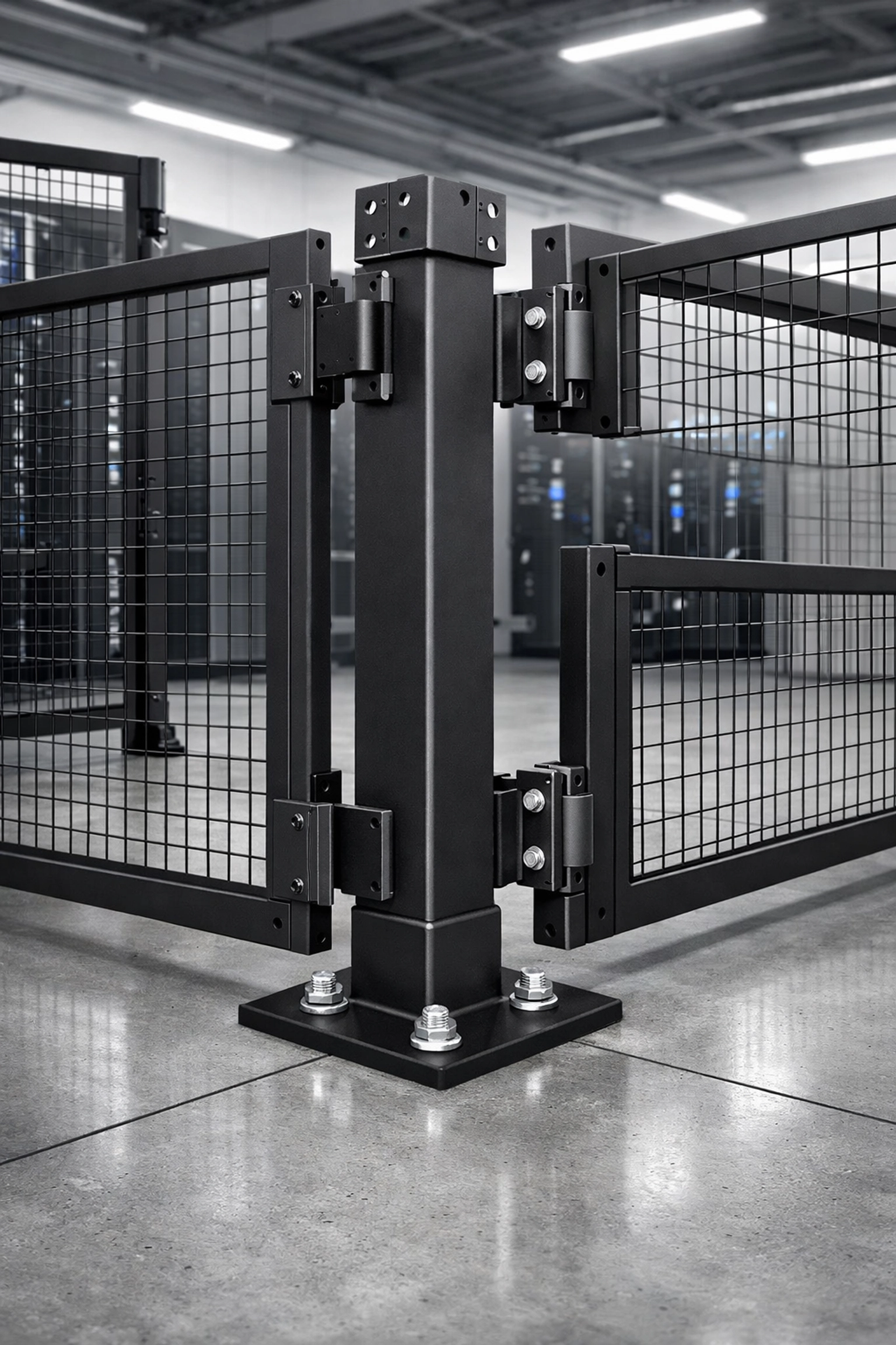 Modular high-security wire mesh partition being assembled in a modern data center facility.