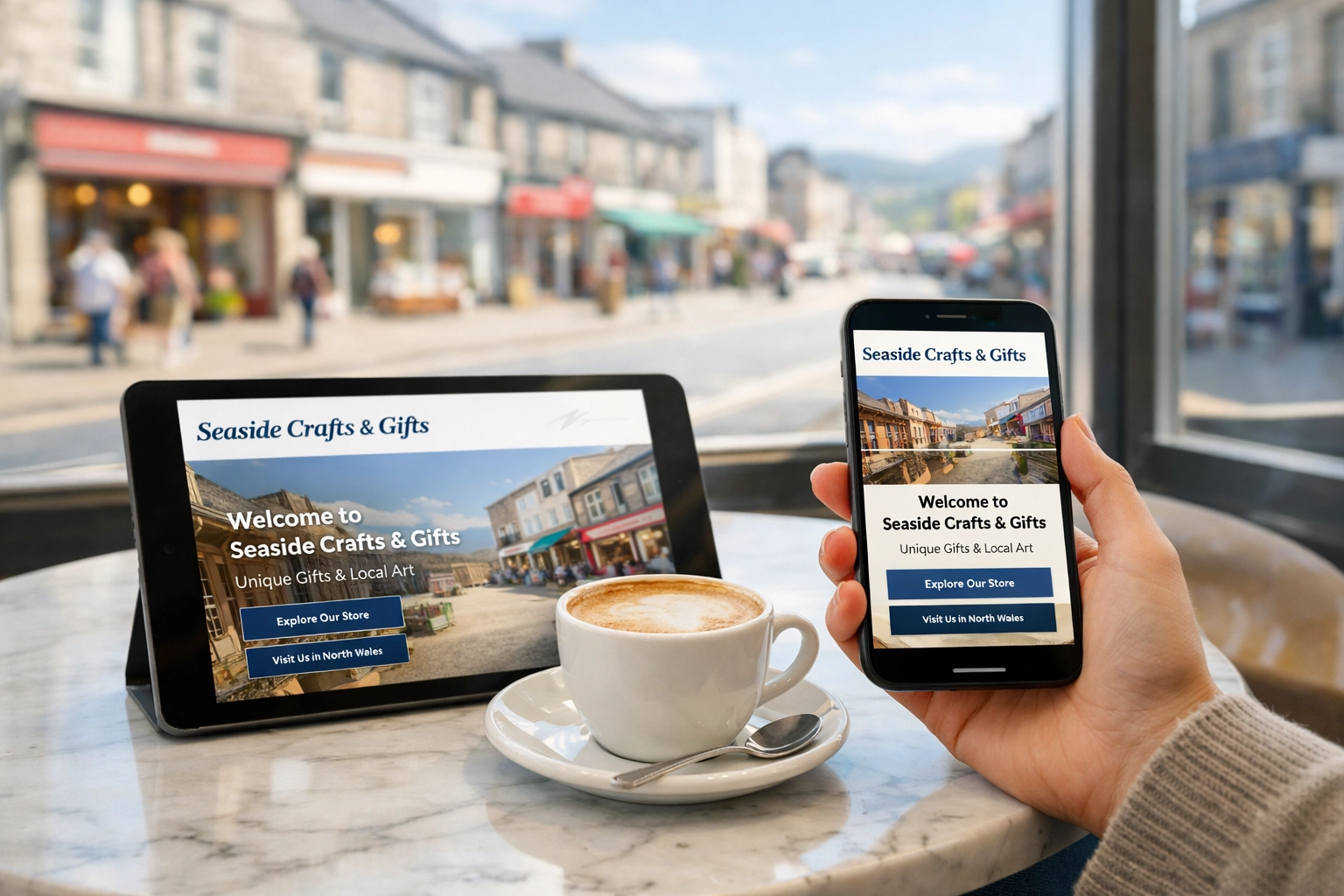 Responsive web design shown on a smartphone and tablet in a North Wales coastal cafe.