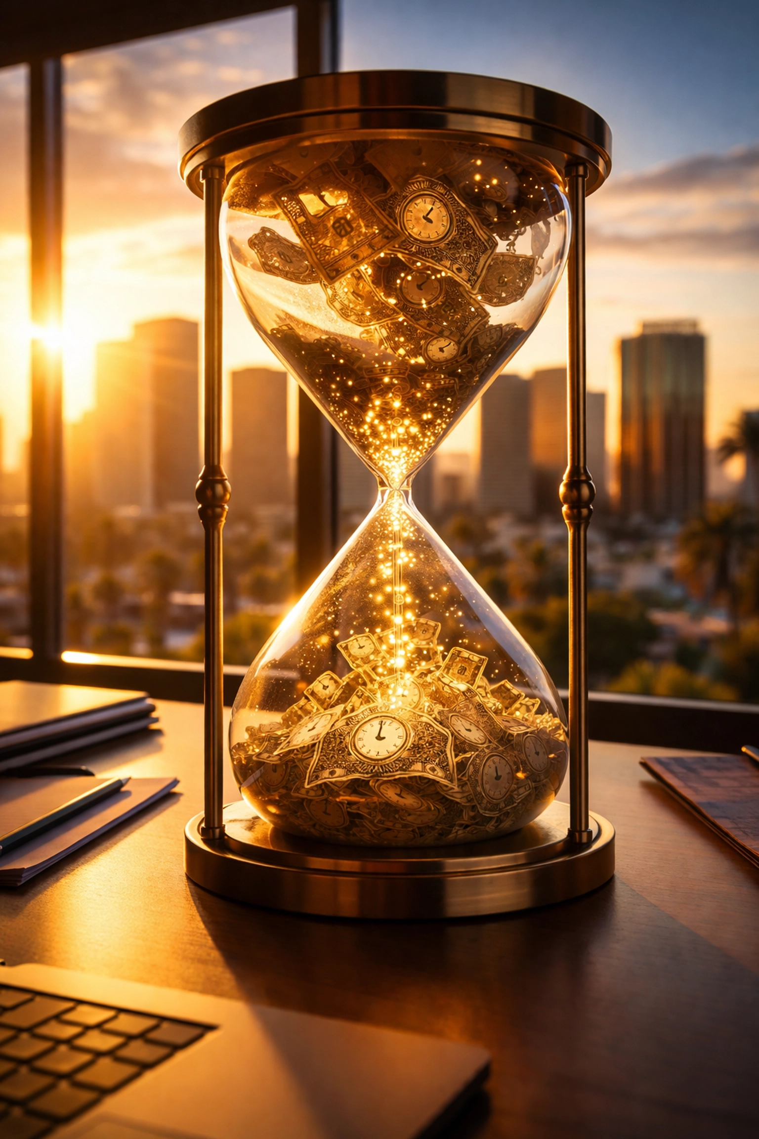 Photo of an hourglass with dollar bills and clocks on a Phoenix office desk, representing time and money lost to poor team communication.