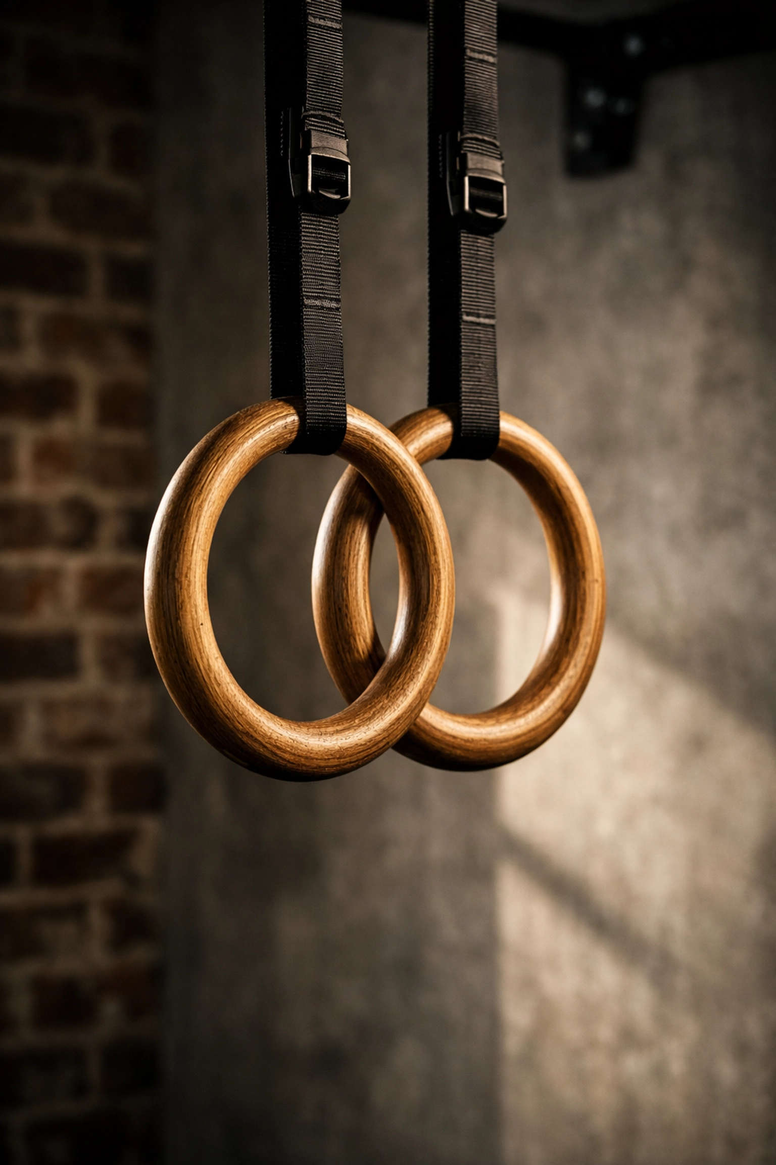 Wooden gymnastic rings suspended in home gym for calisthenics training