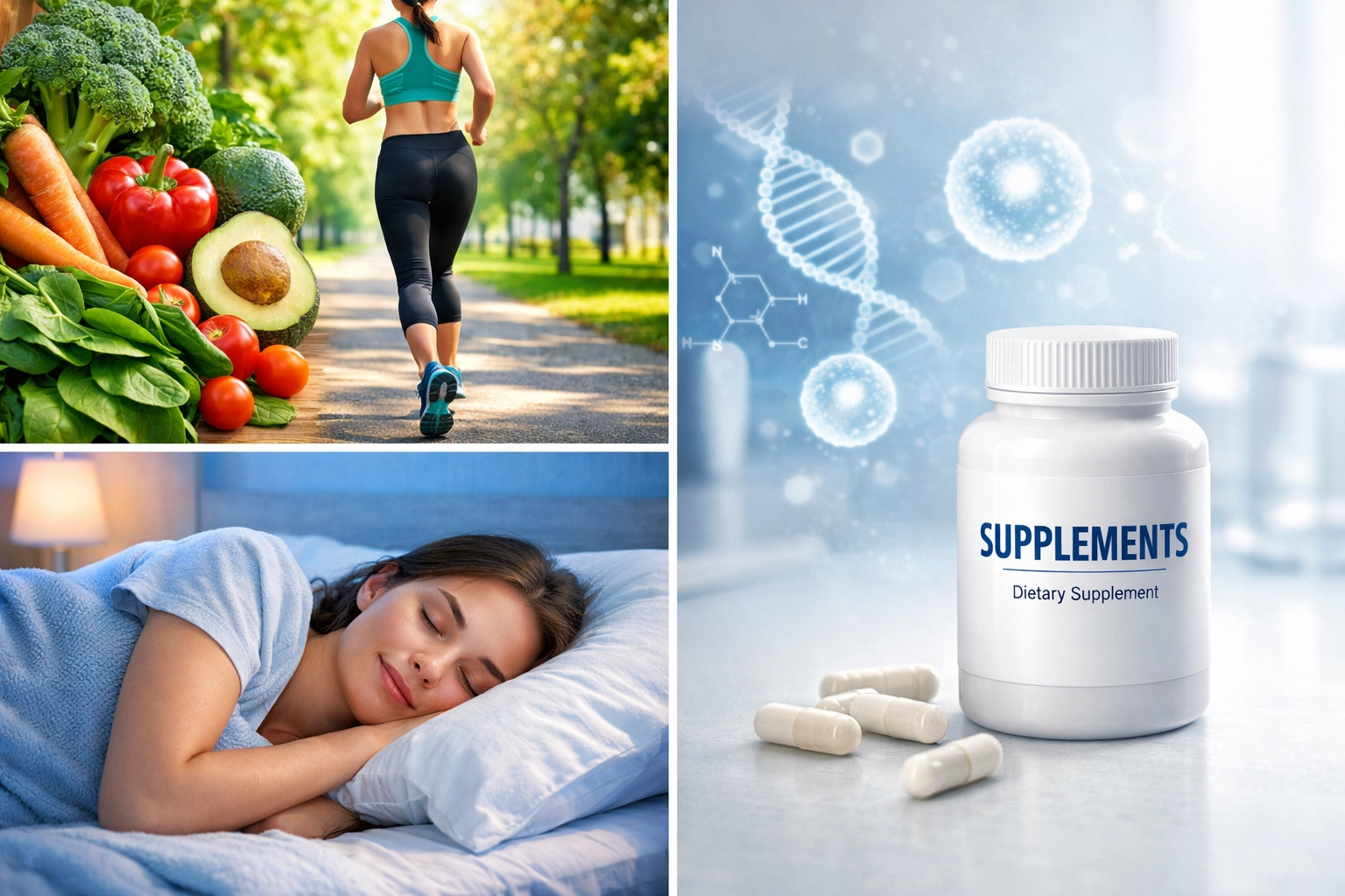 Healthy lifestyle habits including fresh vegetables, exercise, and sleep combined with NMN supplementation