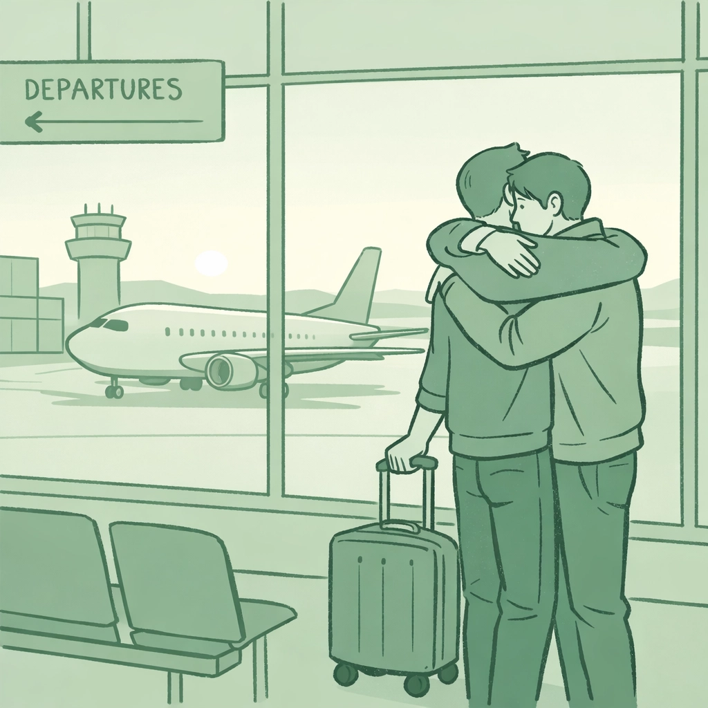 Gay couple embracing at Georgetown airport departing for Toronto to escape LGBTQ+ persecution