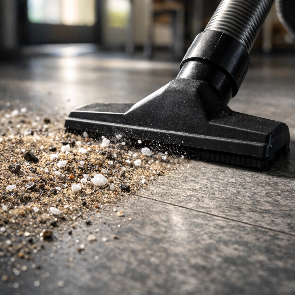 Commercial floor preparation with industrial vacuum removing debris and sand particles