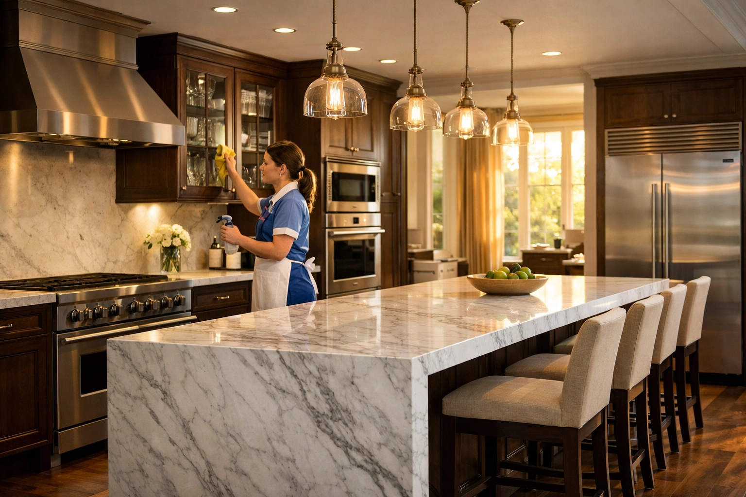 Trusted expert team polishing a luxury kitchen during a residential cleaning Massachusetts appointment.