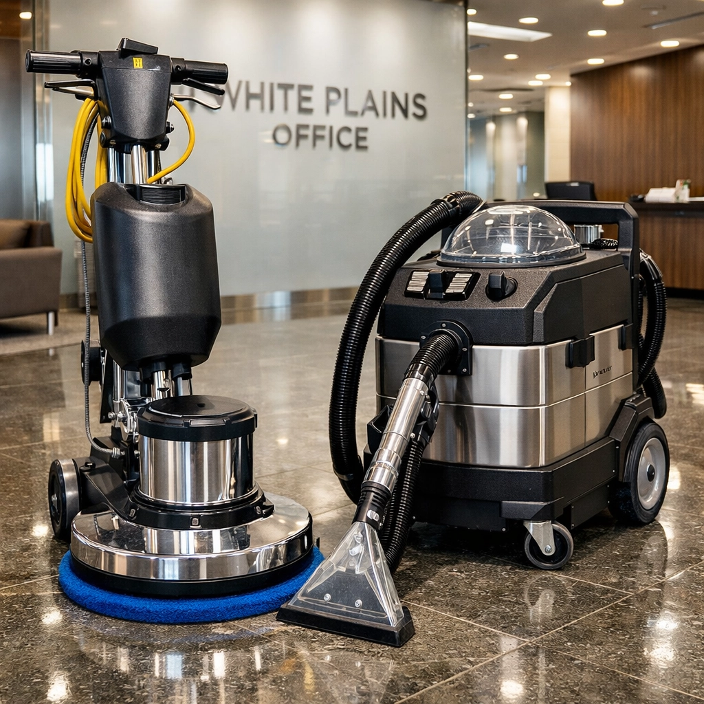 Industrial floor buffer used for commercial cleaning services in a Westchester County corporate office.